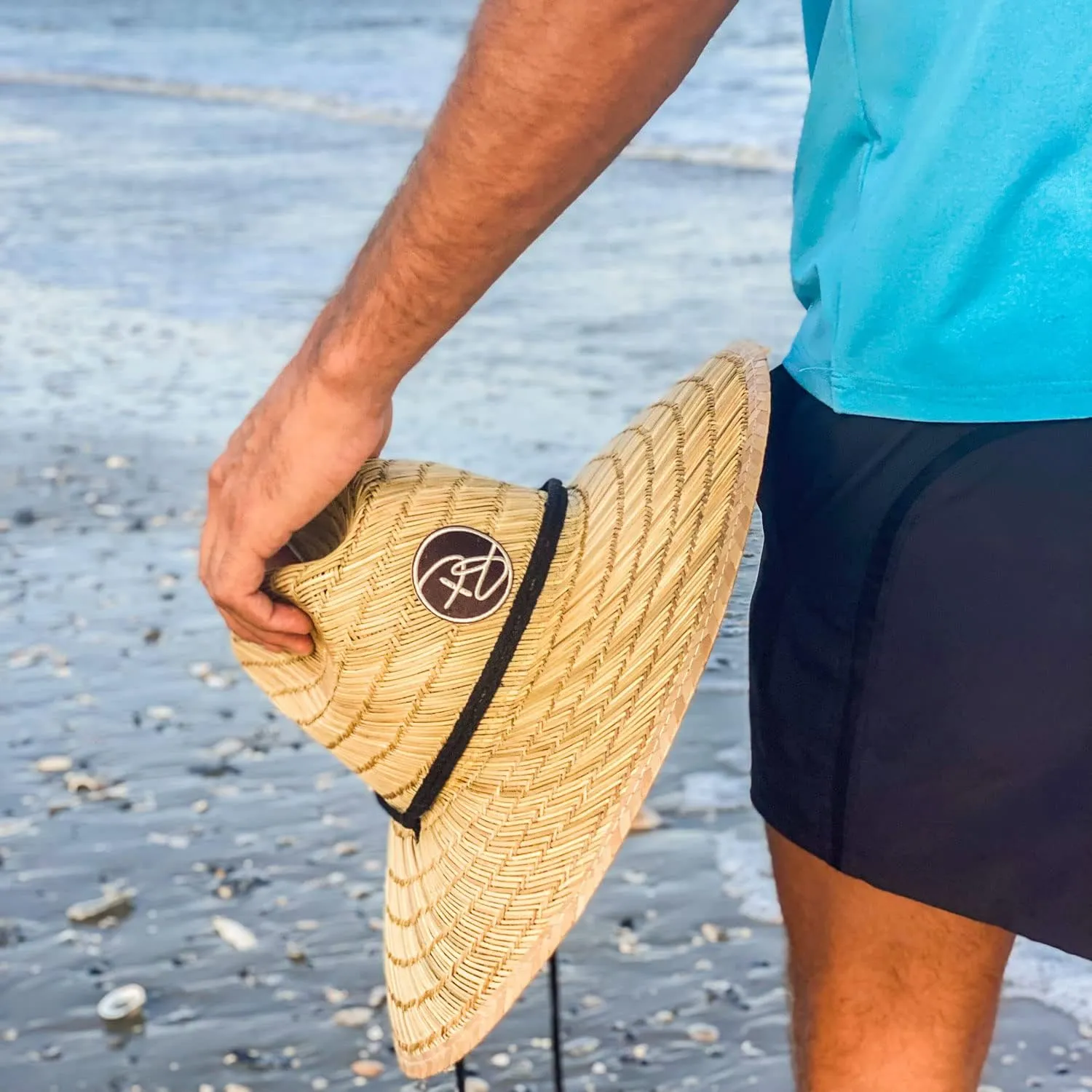 Rush Straw Lifeguard Sun Hat, 4" Bound Big Brim, Chin Cord and Toggle with Logo Patch