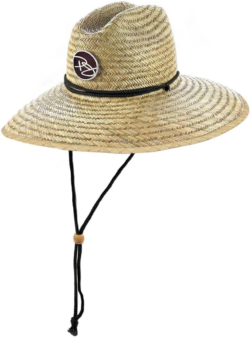 Rush Straw Lifeguard Sun Hat, 4" Bound Big Brim, Chin Cord and Toggle with Logo Patch