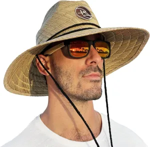 Rush Straw Lifeguard Sun Hat, 4" Bound Big Brim, Chin Cord and Toggle with Logo Patch