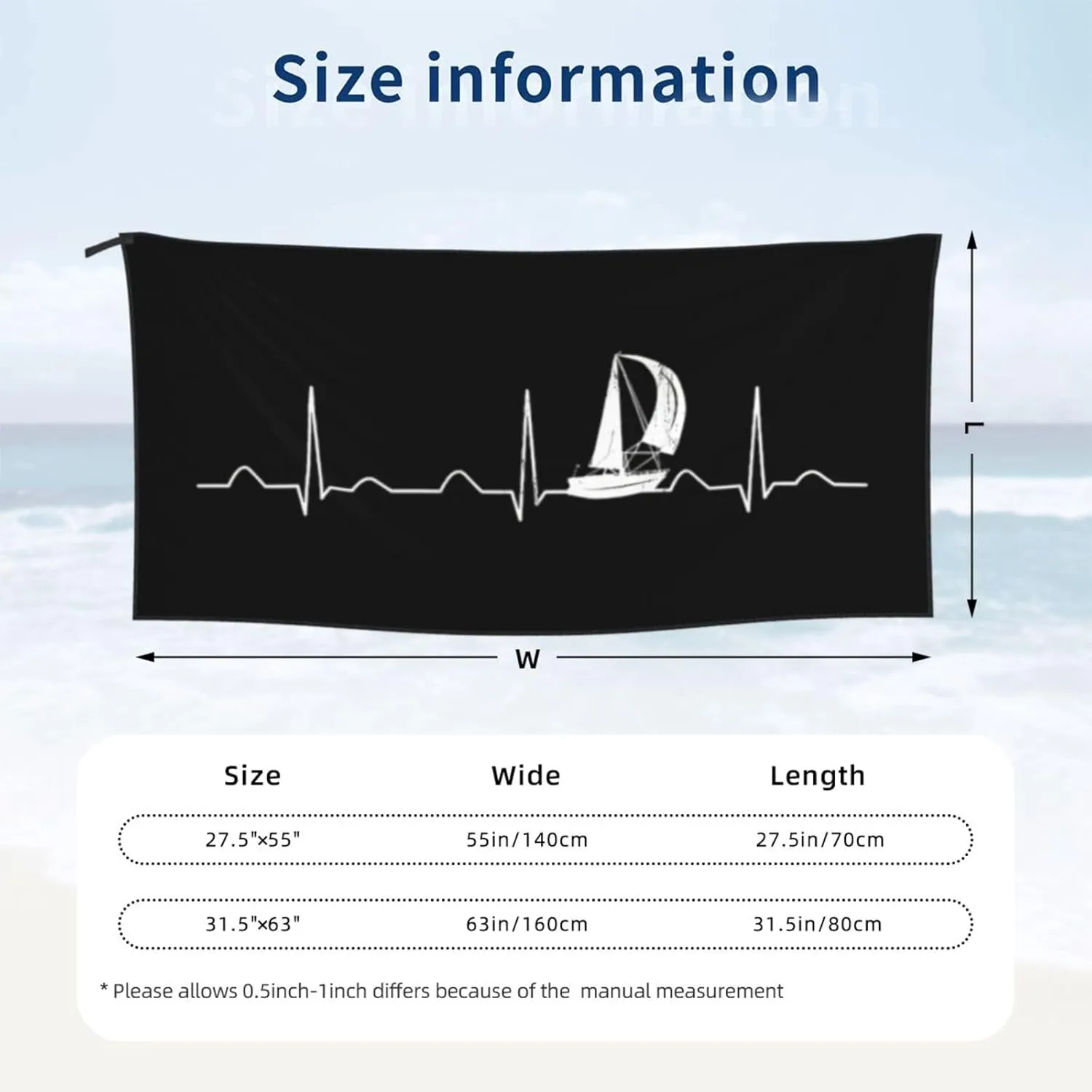 Sailing Heartbeat Boat, Funny Boating Sailor Beach Towel with Travel Bag 31.5"x63" Quick Dry Sand Free Lightweight Large Oversized Towels Light Vacation Essentials