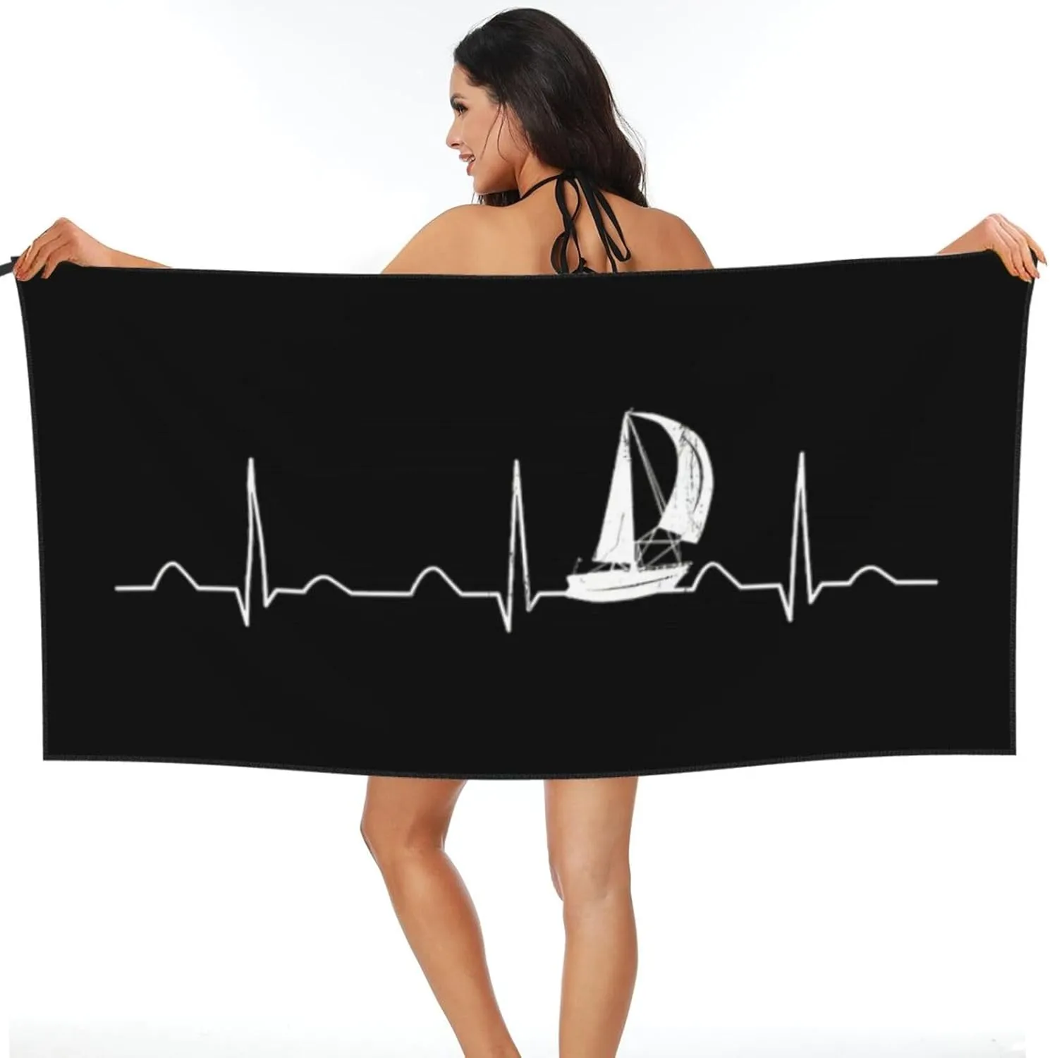 Sailing Heartbeat Boat, Funny Boating Sailor Beach Towel with Travel Bag 31.5"x63" Quick Dry Sand Free Lightweight Large Oversized Towels Light Vacation Essentials