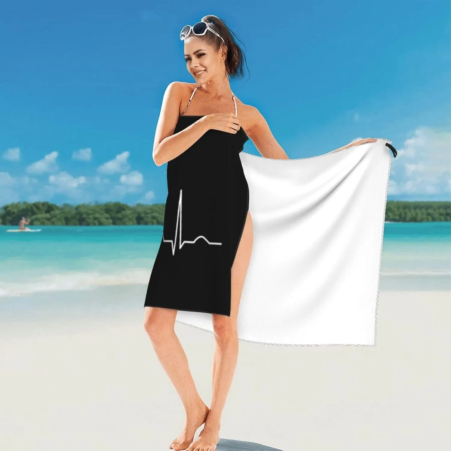 Sailing Heartbeat Boat, Funny Boating Sailor Beach Towel with Travel Bag 31.5"x63" Quick Dry Sand Free Lightweight Large Oversized Towels Light Vacation Essentials