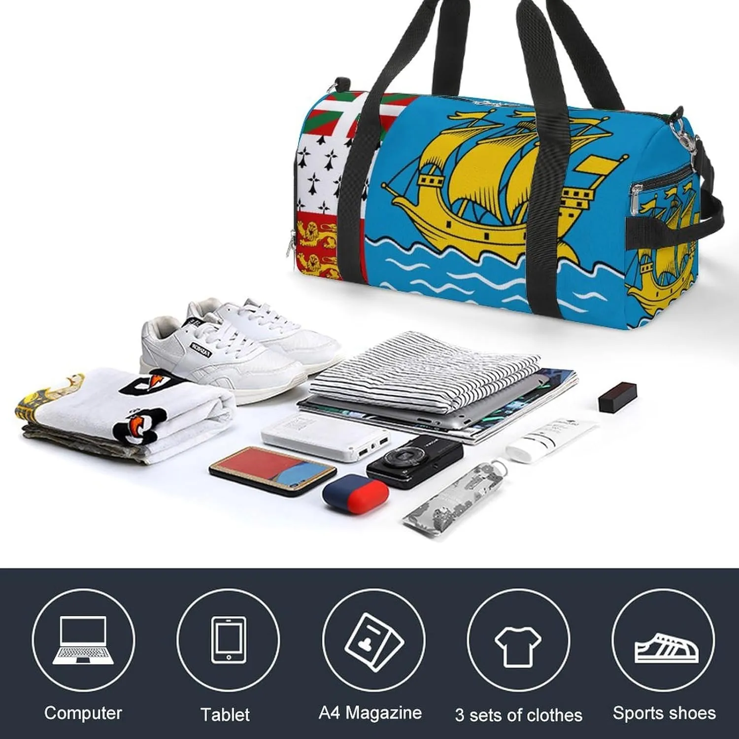 Saint Pierre Miquelon Flag Gym Bag for Men Women with Shoe Compartment Waterproof Sports Travel