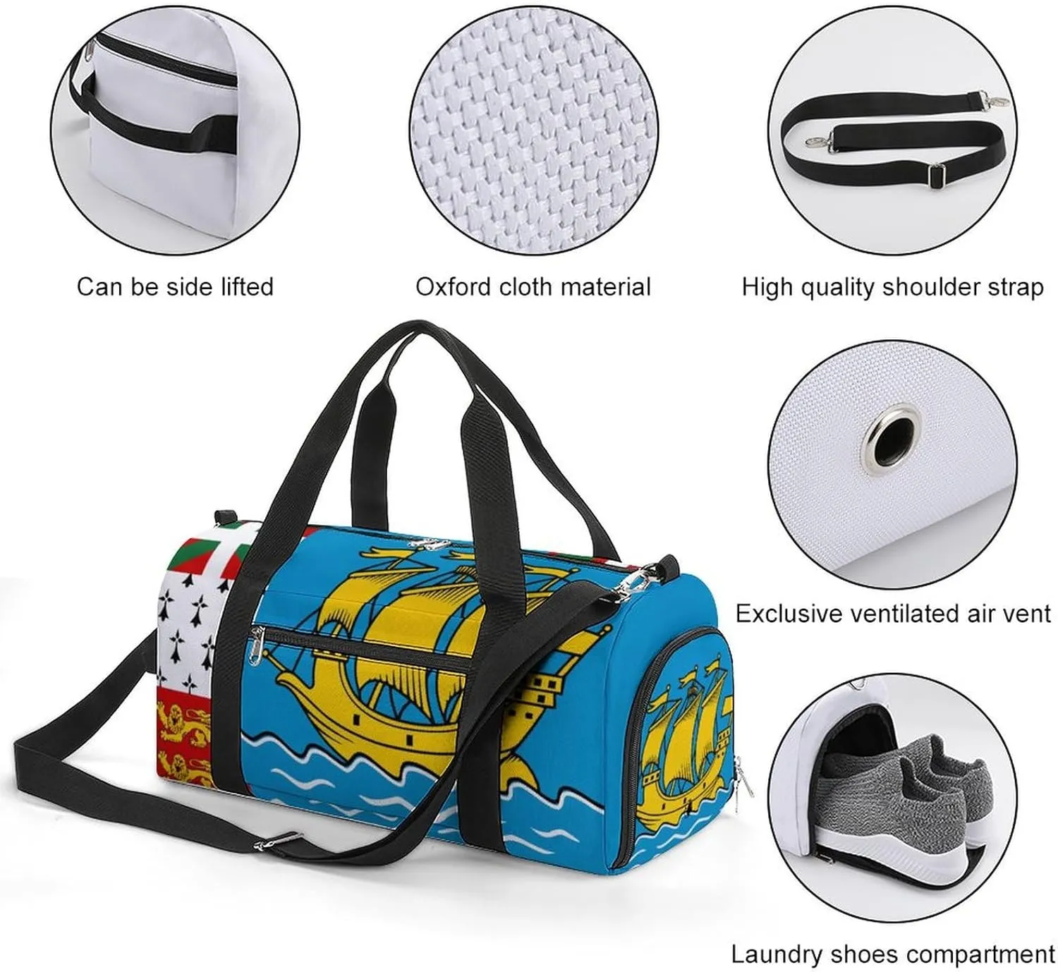 Saint Pierre Miquelon Flag Gym Bag for Men Women with Shoe Compartment Waterproof Sports Travel