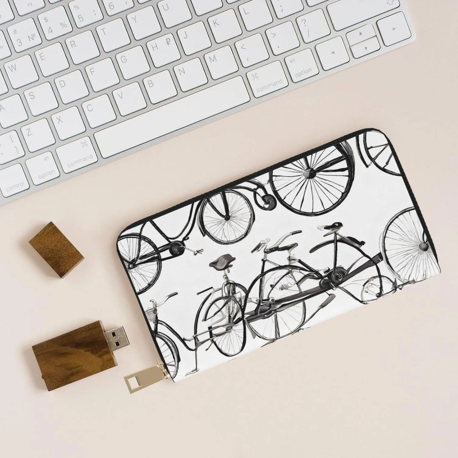 (Salmon) Pu Leather Purse Multi Compartment Card Wallet Stylish Wallet with Zipper for Cards, Coin, Bill, Retro Bicycle, One Size