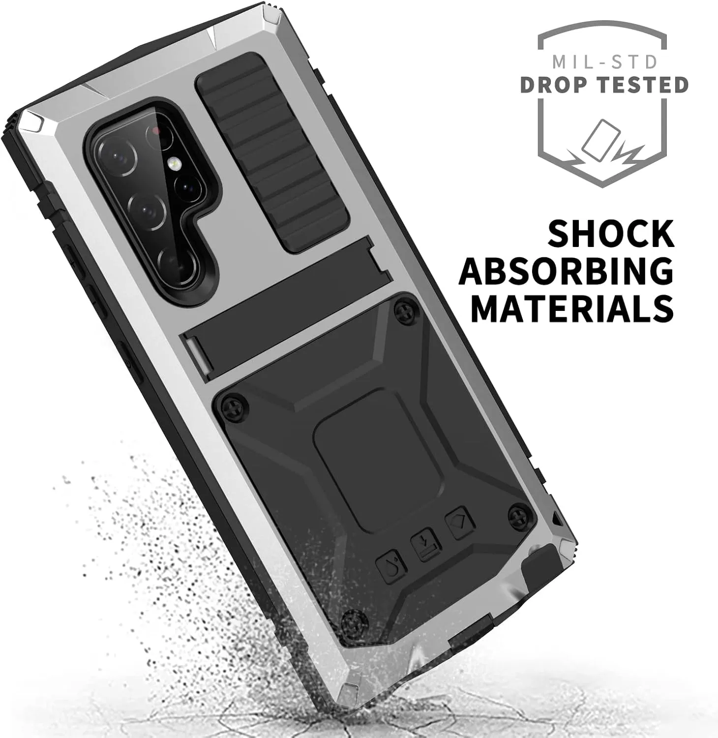 Samsung S23 Ultra Metal Case with Screen Protector Camera Cover Military Rugged Heavy Duty S23 Ultra Case Metal Kickstand Full Body Tough Dustproof Shockproof for Samsung S23 Ultra (Sliver)