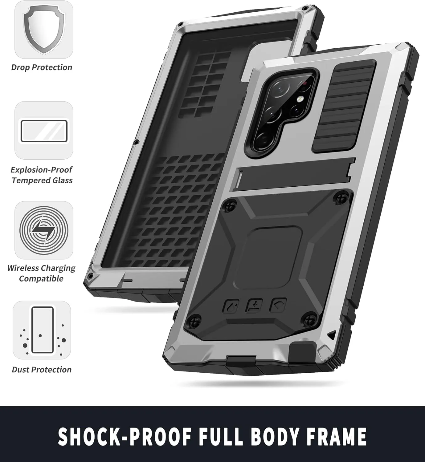 Samsung S23 Ultra Metal Case with Screen Protector Camera Cover Military Rugged Heavy Duty S23 Ultra Case Metal Kickstand Full Body Tough Dustproof Shockproof for Samsung S23 Ultra (Sliver)