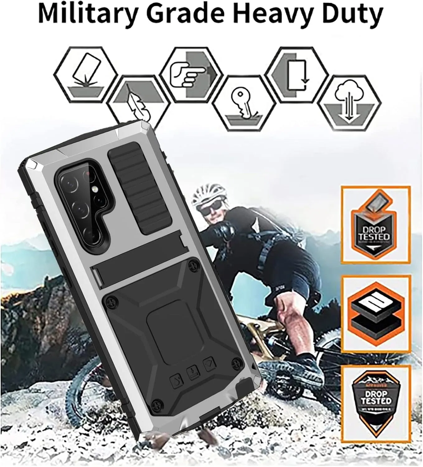 Samsung S23 Ultra Metal Case with Screen Protector Camera Cover Military Rugged Heavy Duty S23 Ultra Case Metal Kickstand Full Body Tough Dustproof Shockproof for Samsung S23 Ultra (Sliver)