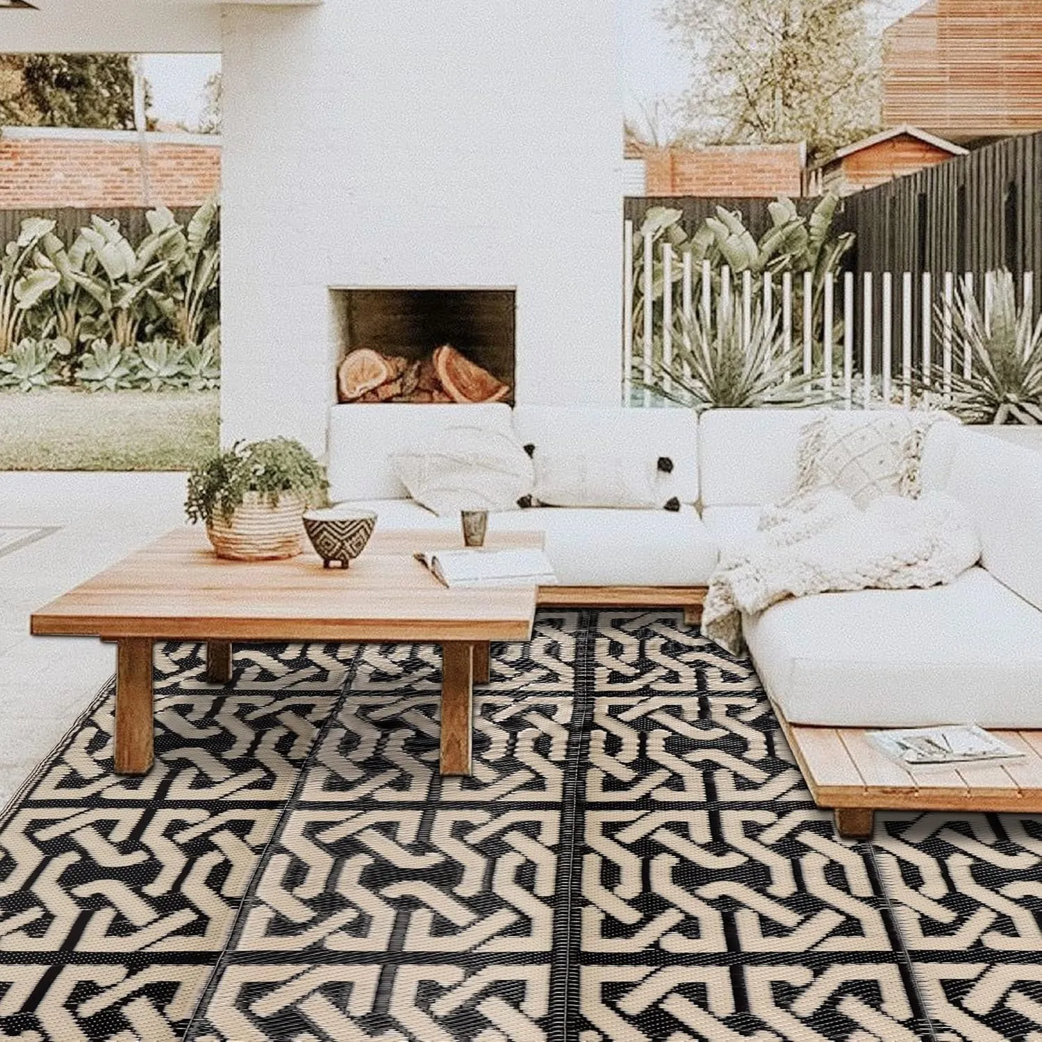 SAND MINE Reversible Mats, Plastic Straw Rug, Modern Area Rug, Large Floor Mat and Rug for Outdoors, RV, Patio, Backyard, Deck, Picnic, Beach, Camping, Trailer, Black & Beige, 5' x 8'