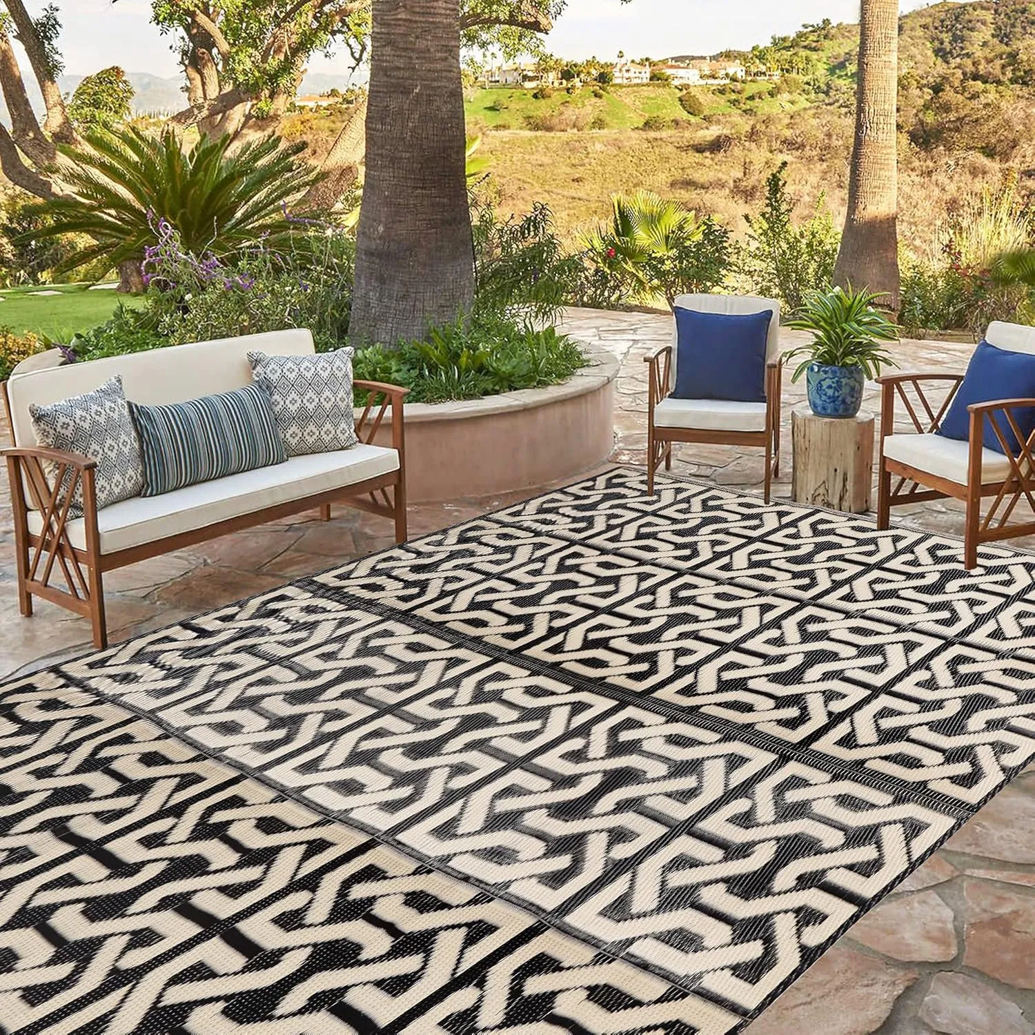 SAND MINE Reversible Mats, Plastic Straw Rug, Modern Area Rug, Large Floor Mat and Rug for Outdoors, RV, Patio, Backyard, Deck, Picnic, Beach, Camping, Trailer, Black & Beige, 5' x 8'