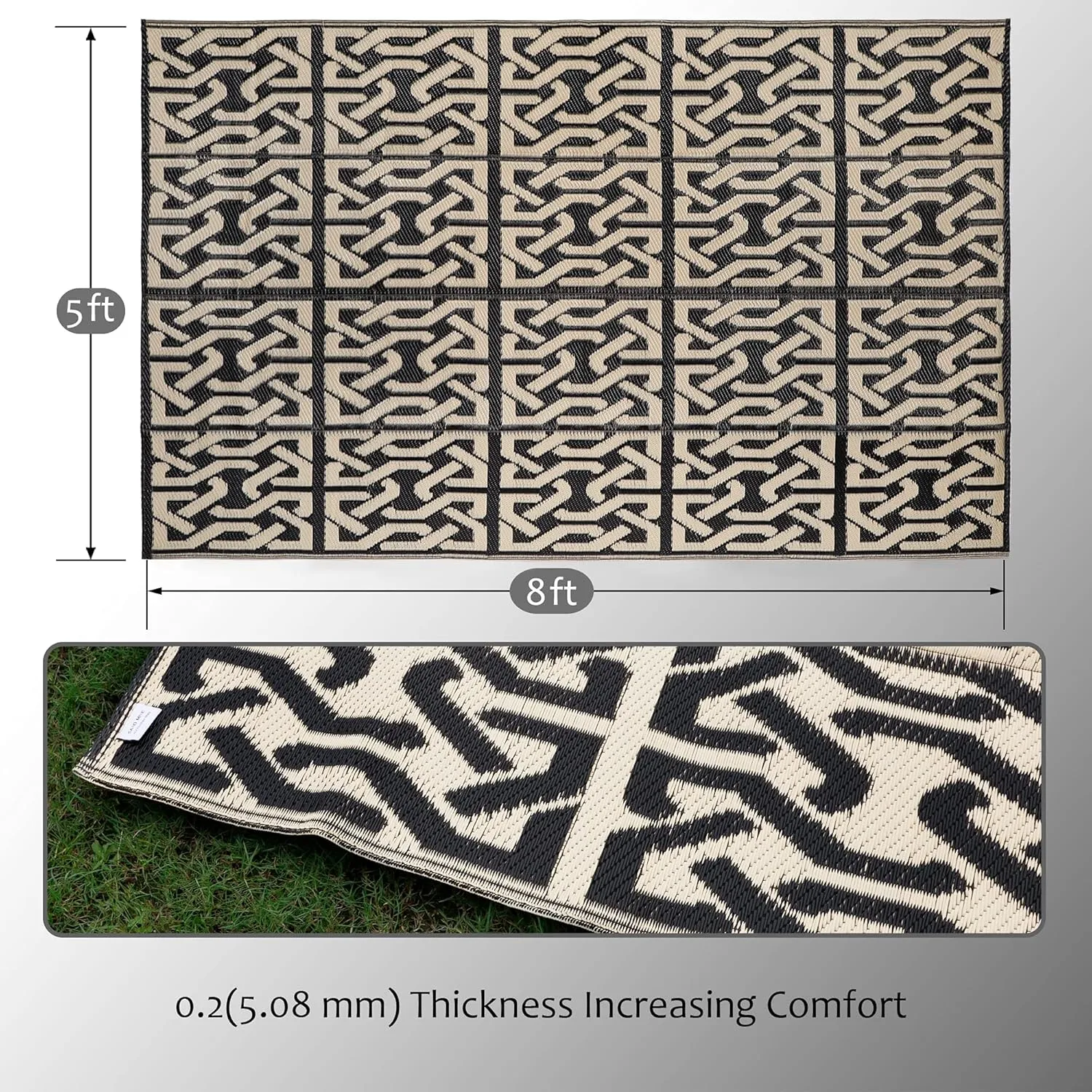 SAND MINE Reversible Mats, Plastic Straw Rug, Modern Area Rug, Large Floor Mat and Rug for Outdoors, RV, Patio, Backyard, Deck, Picnic, Beach, Camping, Trailer, Black & Beige, 5' x 8'
