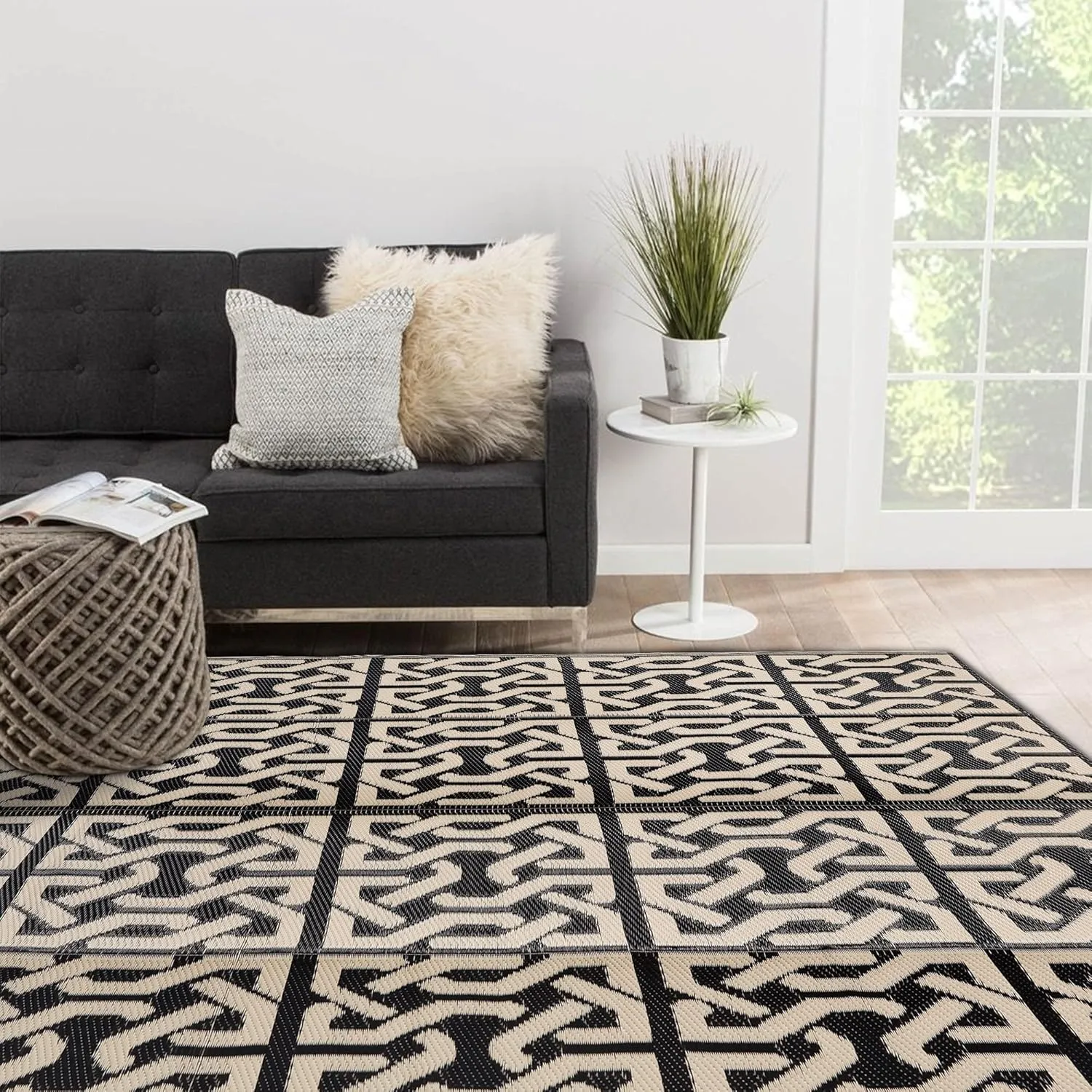 SAND MINE Reversible Mats, Plastic Straw Rug, Modern Area Rug, Large Floor Mat and Rug for Outdoors, RV, Patio, Backyard, Deck, Picnic, Beach, Camping, Trailer, Black & Beige, 5' x 8'