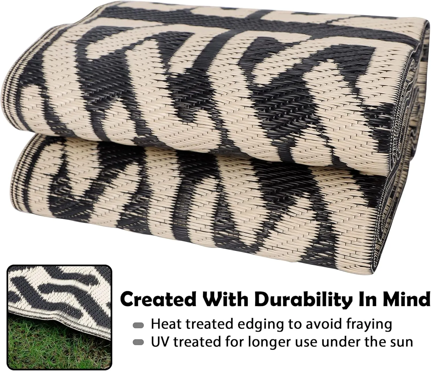 SAND MINE Reversible Mats, Plastic Straw Rug, Modern Area Rug, Large Floor Mat and Rug for Outdoors, RV, Patio, Backyard, Deck, Picnic, Beach, Camping, Trailer, Black & Beige, 5' x 8'