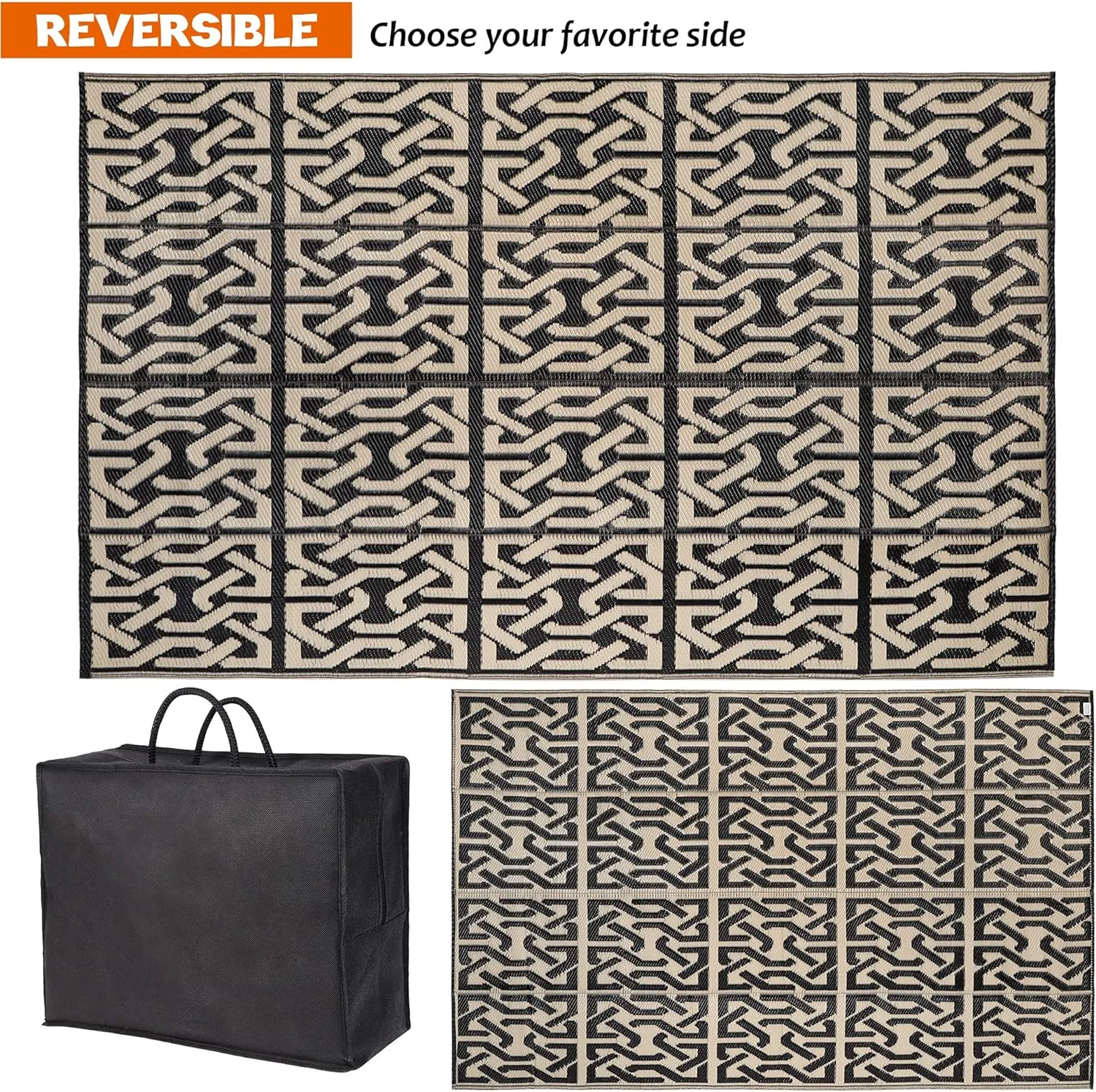 SAND MINE Reversible Mats, Plastic Straw Rug, Modern Area Rug, Large Floor Mat and Rug for Outdoors, RV, Patio, Backyard, Deck, Picnic, Beach, Camping, Trailer, Black & Beige, 5' x 8'