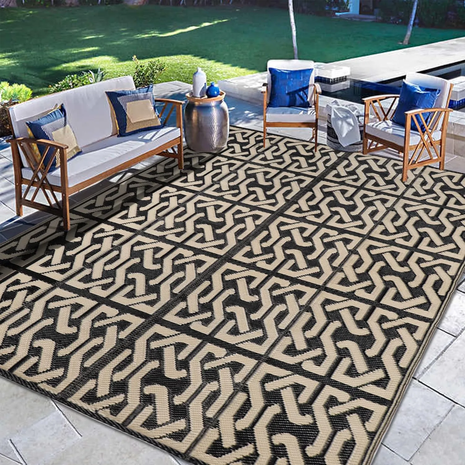 SAND MINE Reversible Mats, Plastic Straw Rug, Modern Area Rug, Large Floor Mat and Rug for Outdoors, RV, Patio, Backyard, Deck, Picnic, Beach, Camping, Trailer, Black & Beige, 5' x 8'
