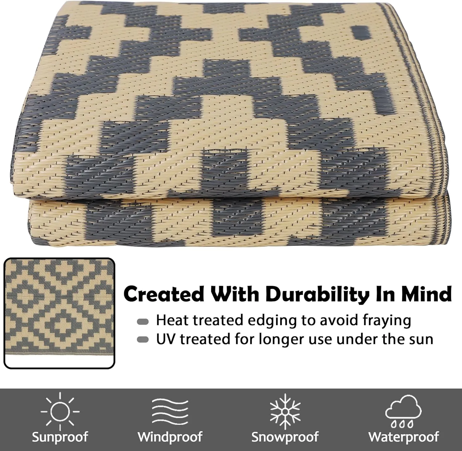 SAND MINE Reversible Mats, Plastic Straw Rug, Modern Area Rug, Large Floor Mat and Rug for Outdoors, RV, Patio, Backyard, Deck, Picnic, Beach, Trailer, Camping, Grey & Tan, 5' x 8'