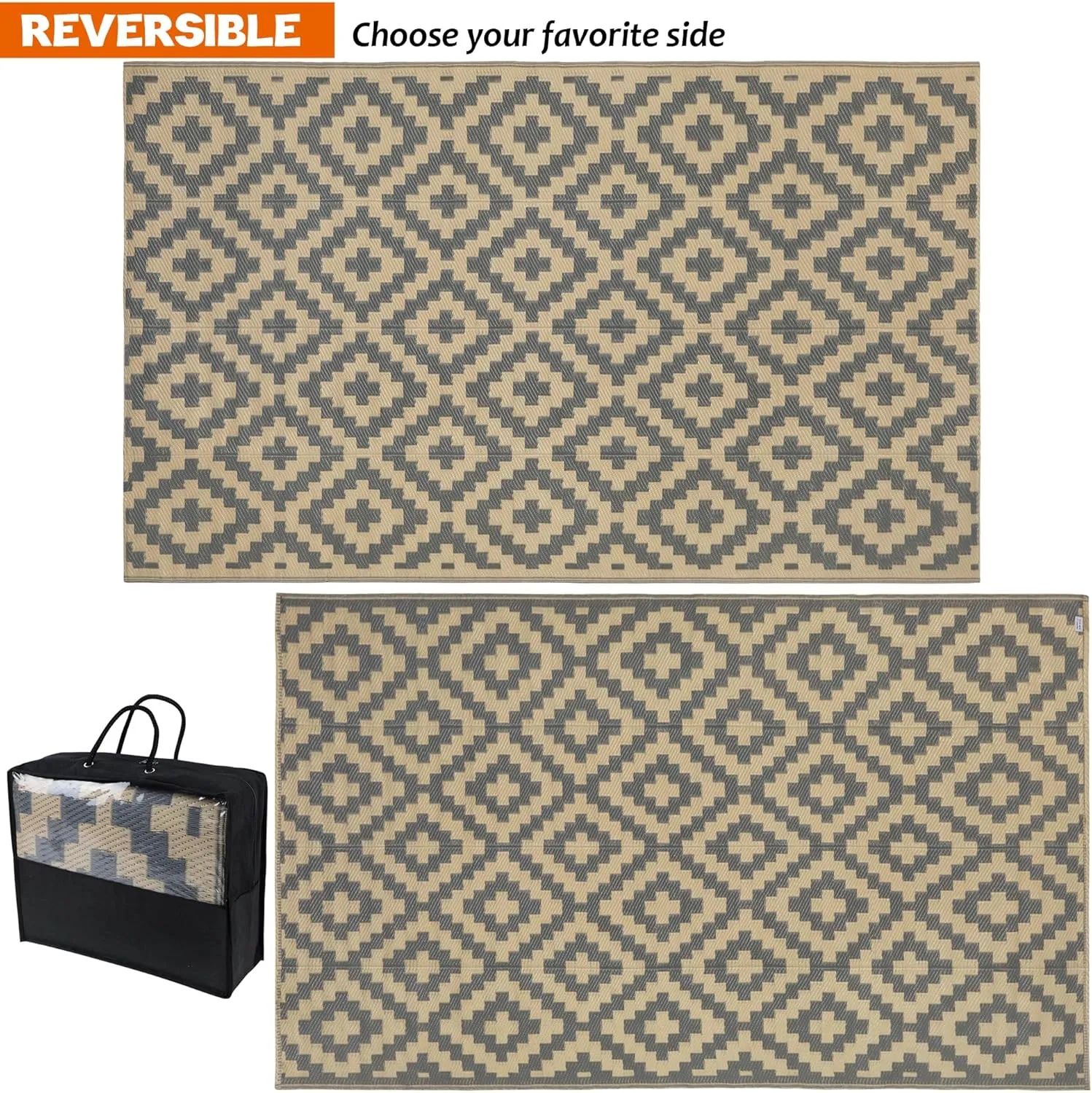 SAND MINE Reversible Mats, Plastic Straw Rug, Modern Area Rug, Large Floor Mat and Rug for Outdoors, RV, Patio, Backyard, Deck, Picnic, Beach, Trailer, Camping, Grey & Tan, 5' x 8'
