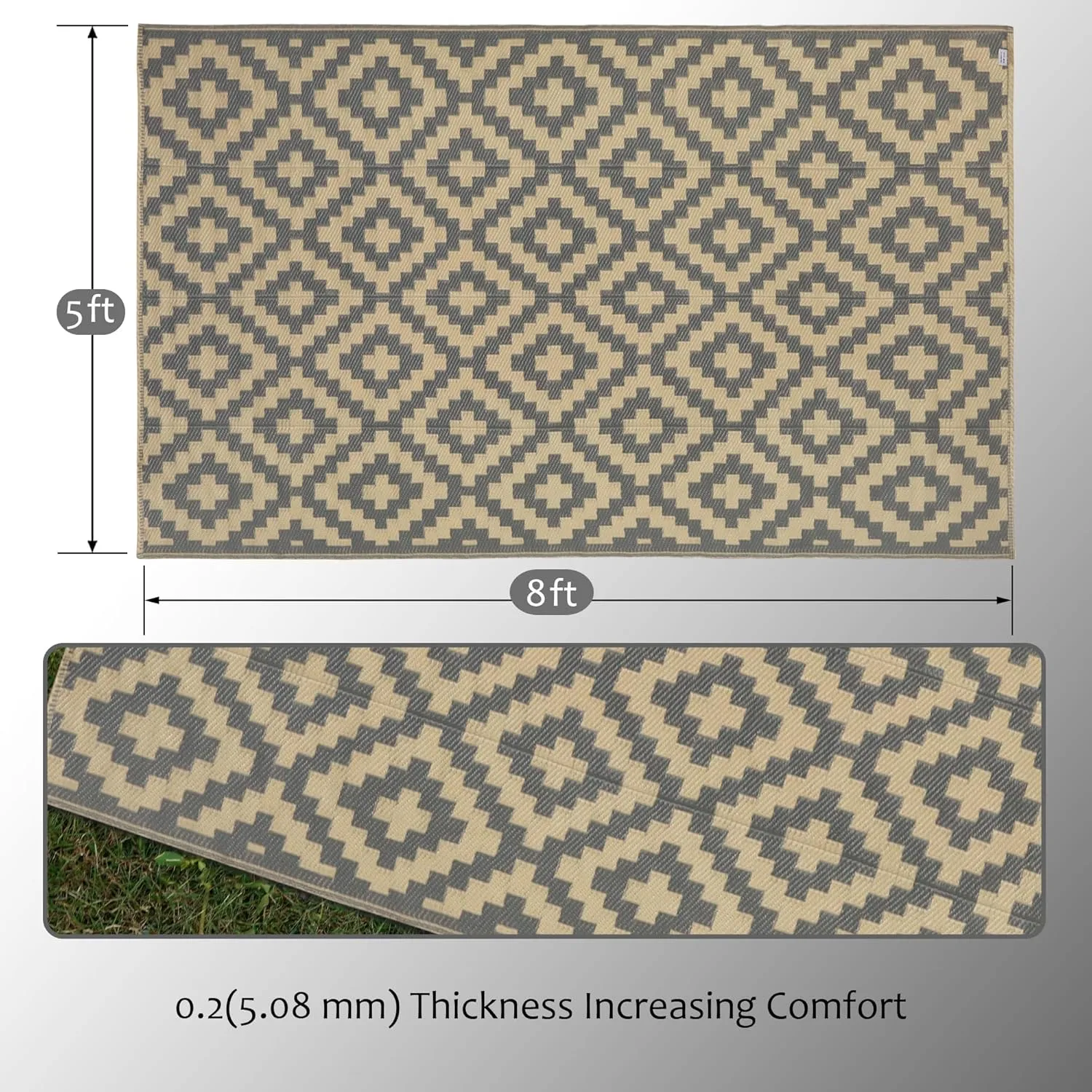 SAND MINE Reversible Mats, Plastic Straw Rug, Modern Area Rug, Large Floor Mat and Rug for Outdoors, RV, Patio, Backyard, Deck, Picnic, Beach, Trailer, Camping, Grey & Tan, 5' x 8'