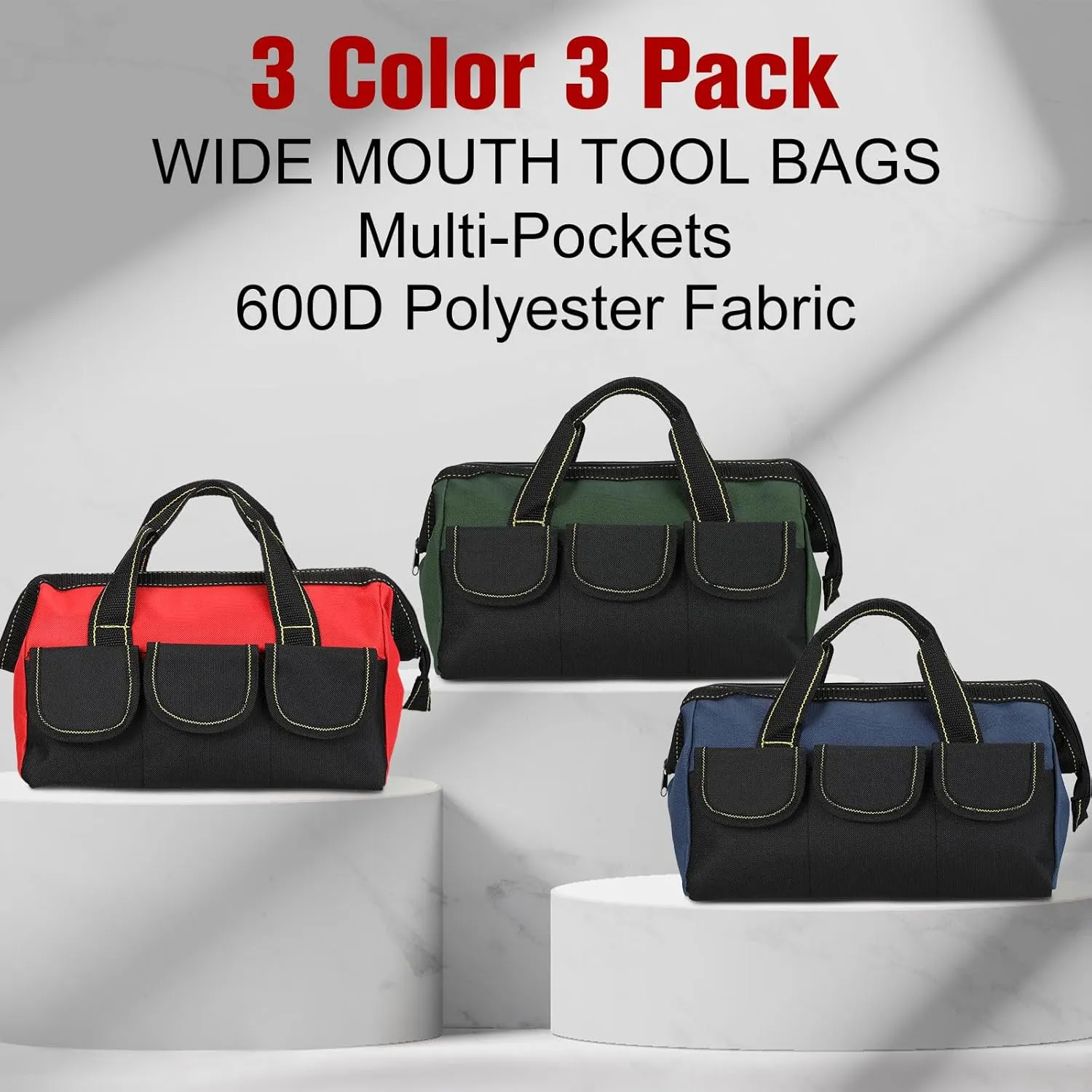 Sanwuta 3 Pack Tool Bag for Men with Waterproof Hard Bottom, Heavy Duty Tool Bag Wide Mouth Tote for Various Instrument, Electrician Carpenter Mechanic(13 Inch,Red, Army Green, Blue)