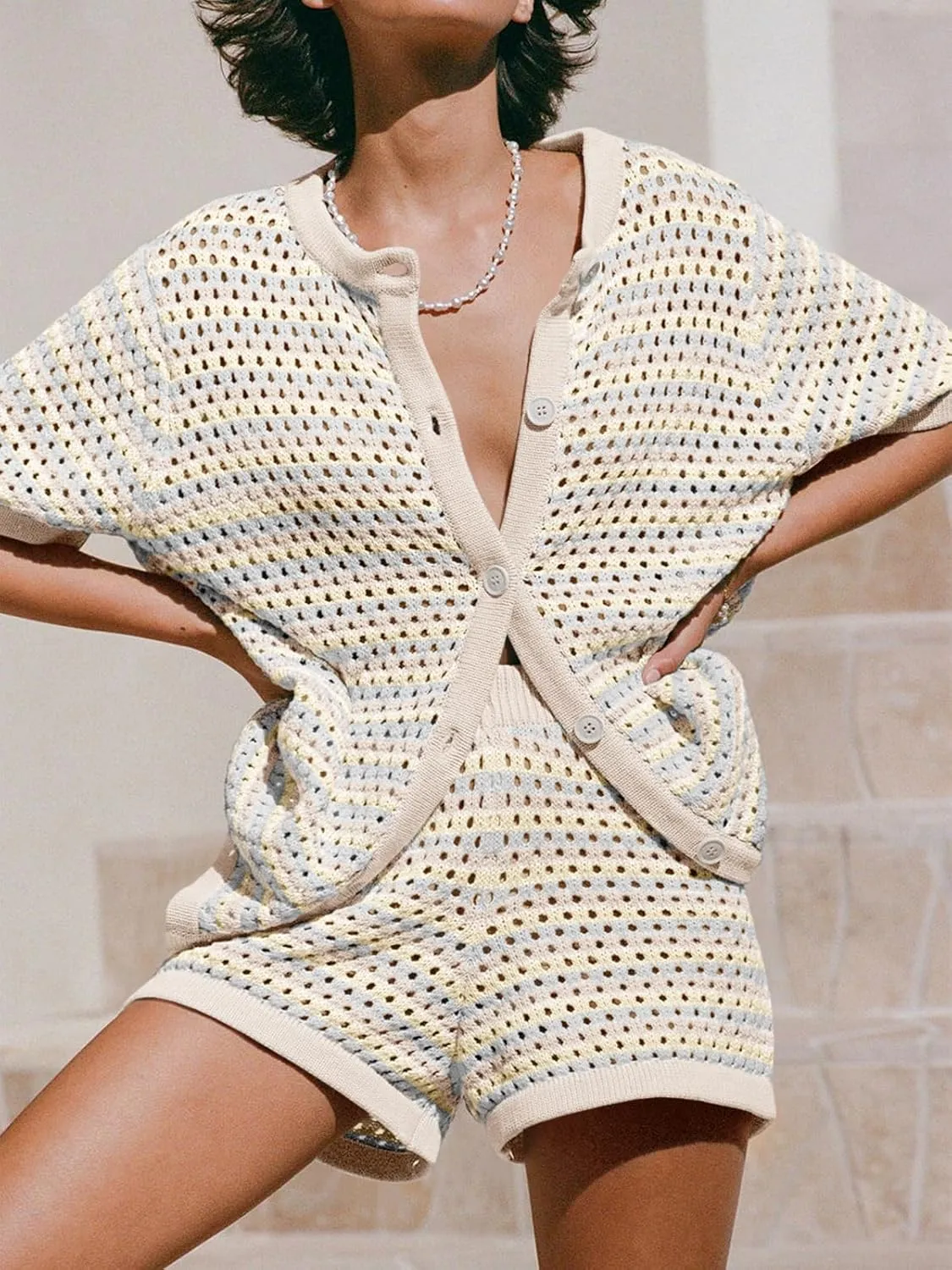 Saodimallsu Womens Crochet Swimsuit Coverup Summer Beach Sets Striped Knit Short Sleeve Button Shirts 2 Piece Short Set