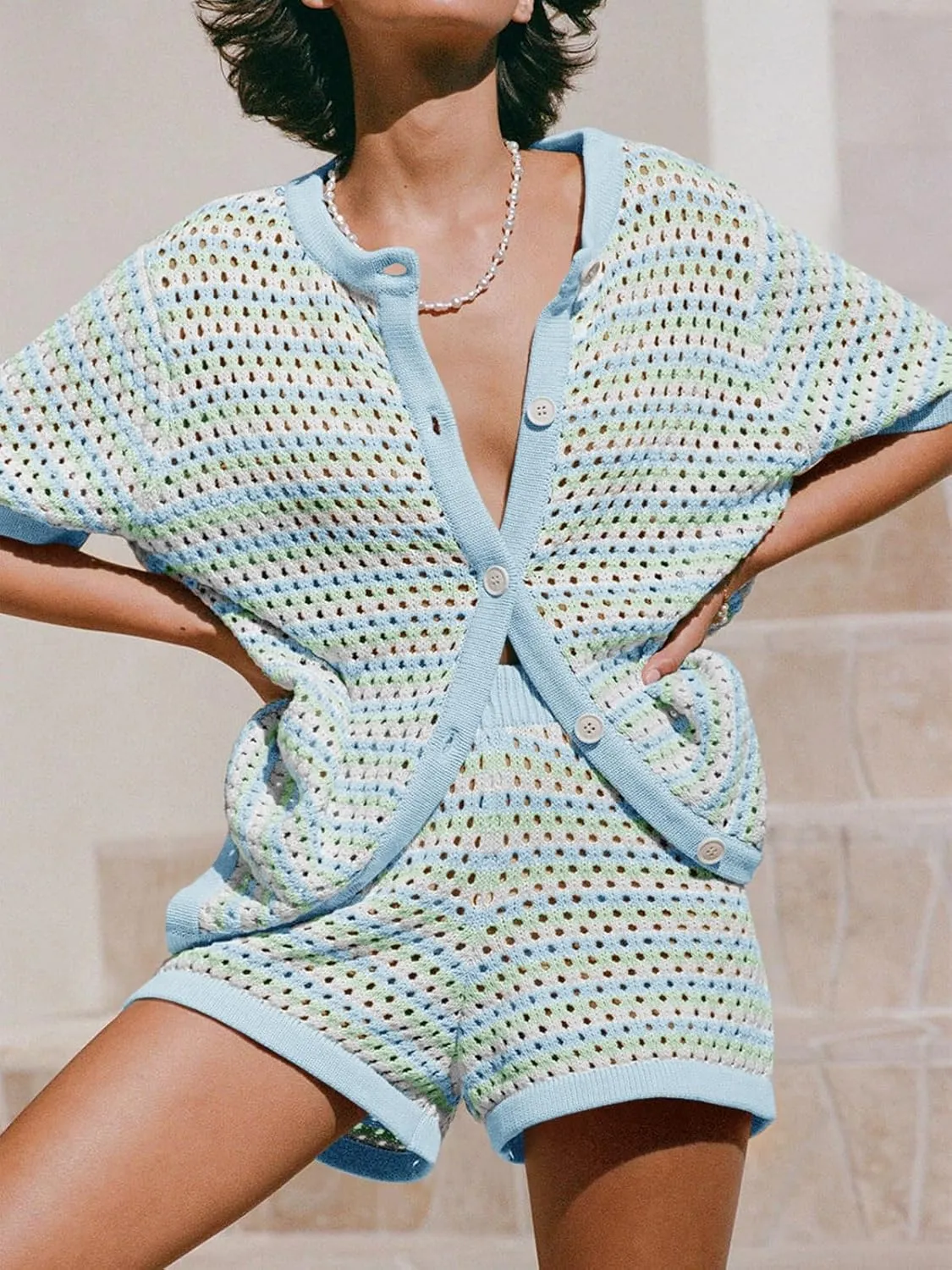 Saodimallsu Womens Crochet Swimsuit Coverup Summer Beach Sets Striped Knit Short Sleeve Button Shirts 2 Piece Short Set