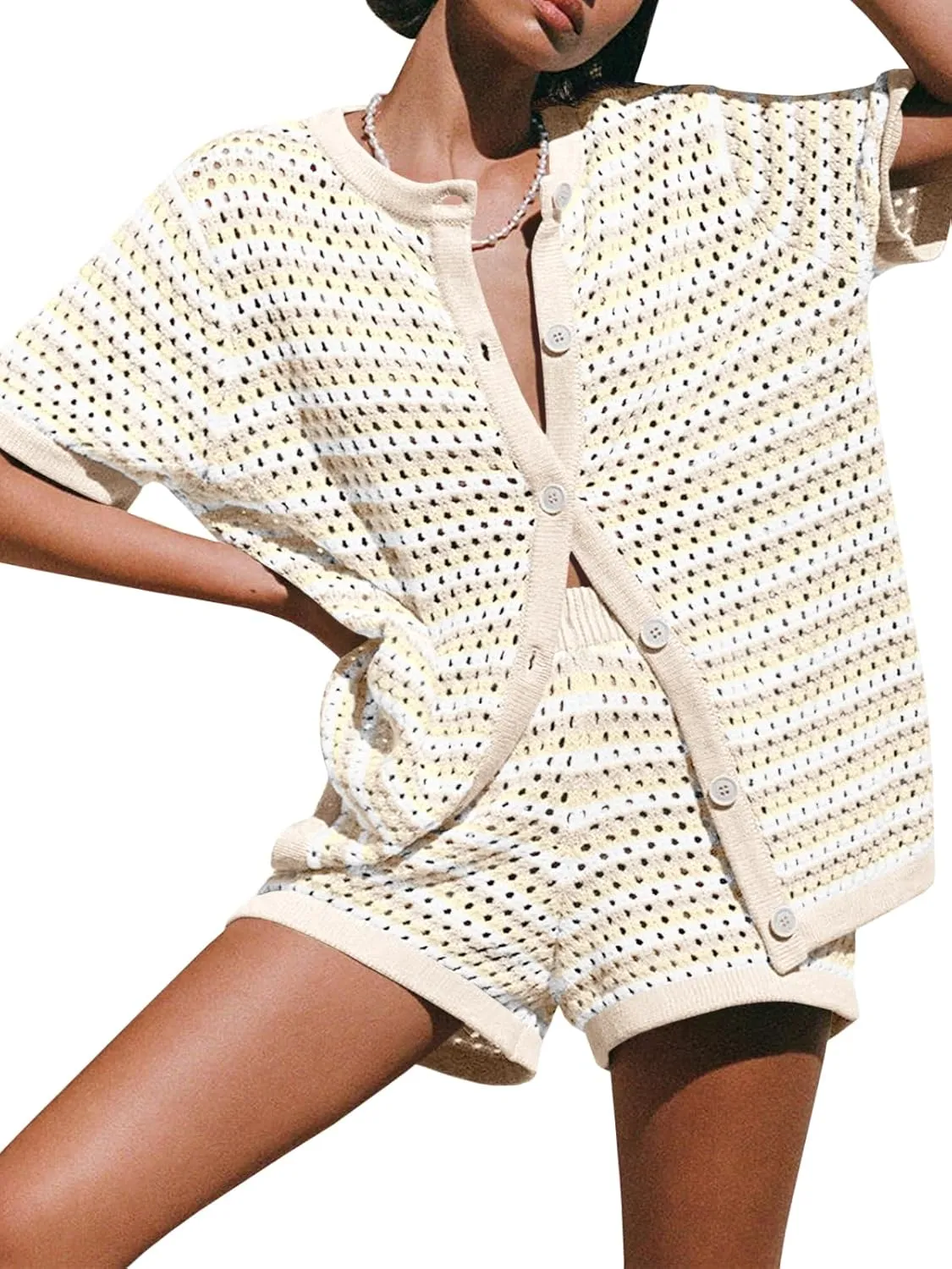 Saodimallsu Womens Crochet Swimsuit Coverup Summer Beach Sets Striped Knit Short Sleeve Button Shirts 2 Piece Short Set
