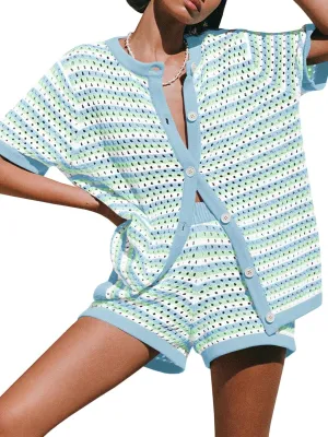 Saodimallsu Womens Crochet Swimsuit Coverup Summer Beach Sets Striped Knit Short Sleeve Button Shirts 2 Piece Short Set