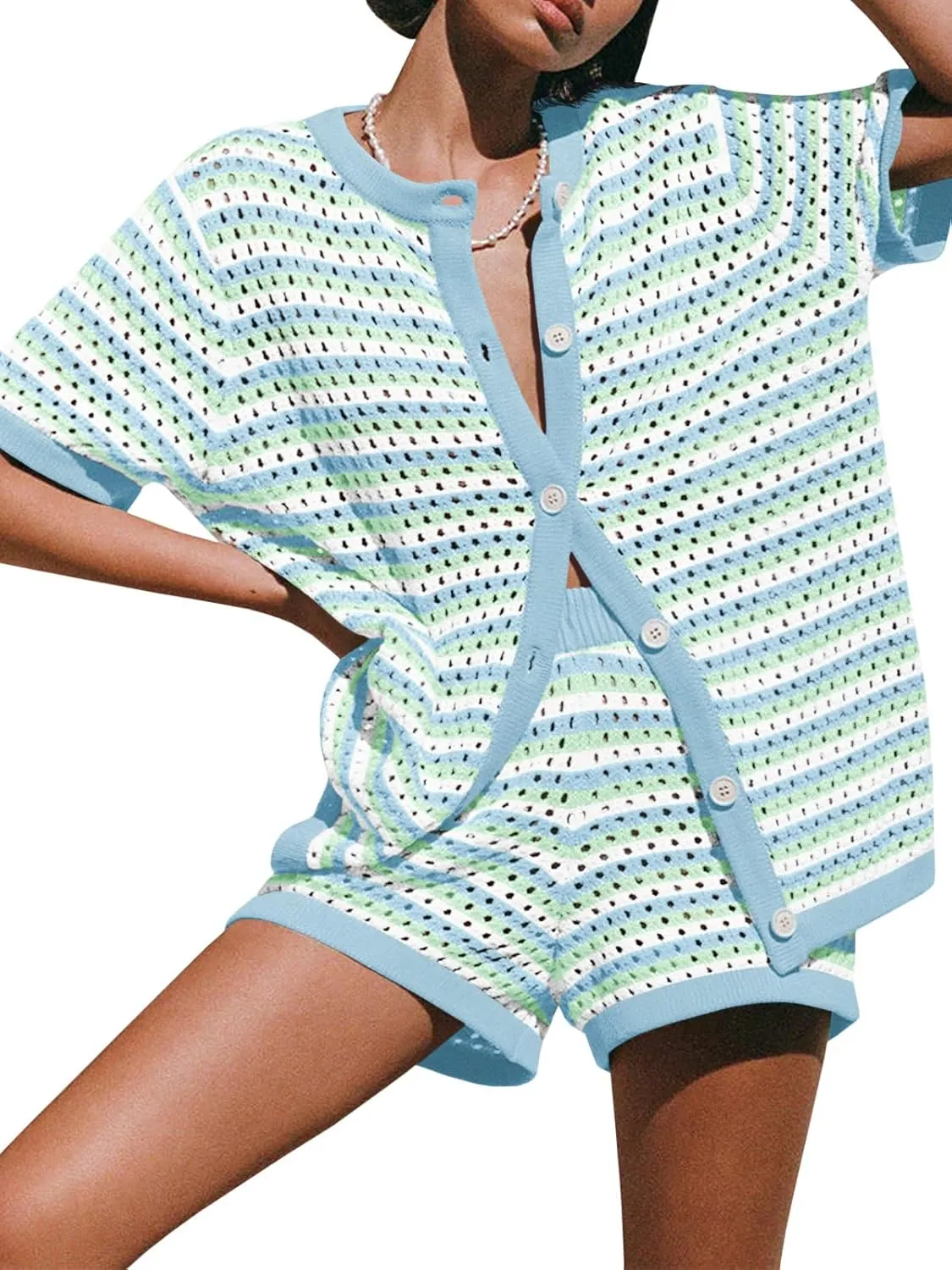 Saodimallsu Womens Crochet Swimsuit Coverup Summer Beach Sets Striped Knit Short Sleeve Button Shirts 2 Piece Short Set
