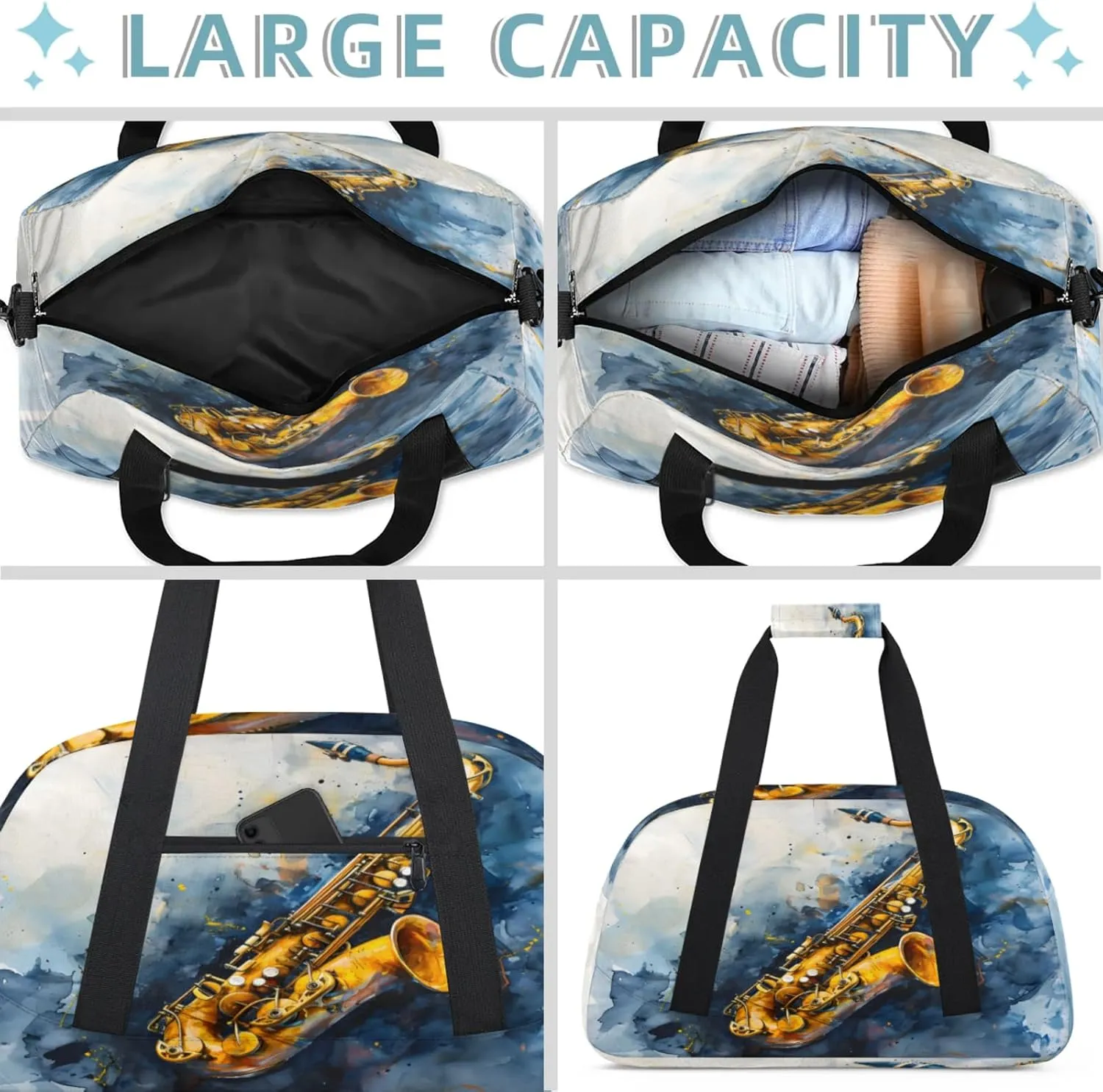 Saxophone Music Small Gym Bag 18 inch Carry On Duffel Bag for Weekender Travel Sports Workout Yoga Gymnastics Dance Ballet