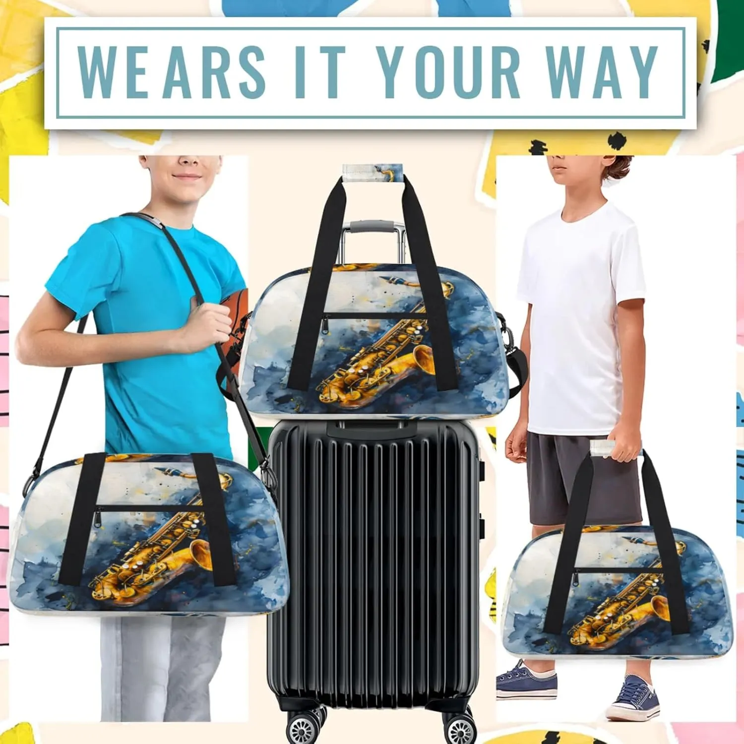 Saxophone Music Small Gym Bag 18 inch Carry On Duffel Bag for Weekender Travel Sports Workout Yoga Gymnastics Dance Ballet