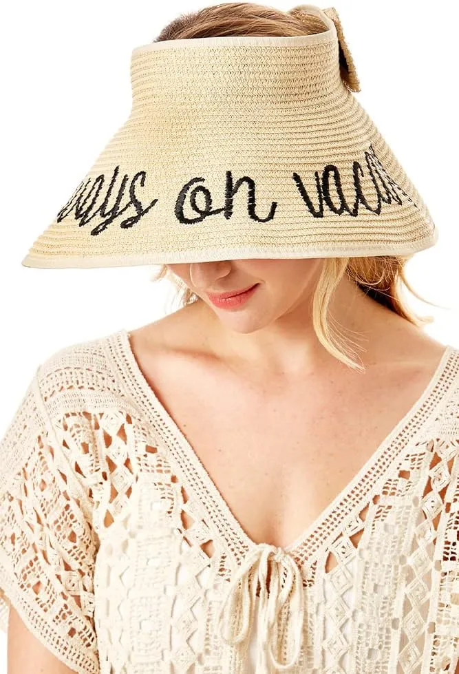 ScarvesMe Women's Adjustable Always on Vacay Roll up Straw Visor Sun Hat