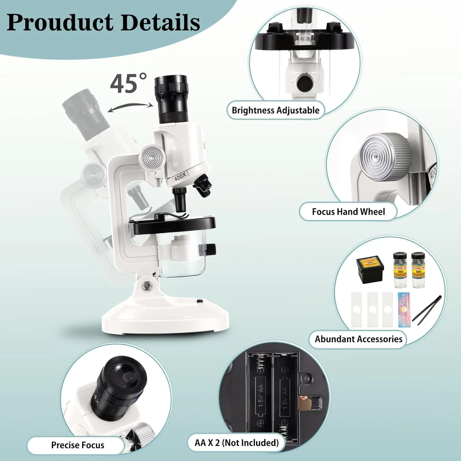 Science Kits for Kids Beginner Microscope with LED 100X 400X and 1200X-Include Sample Prepared Slides 12pc- Educational Toy Birthday Valentine's Day Gift White