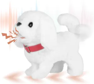 SdeNow Walking Barking Toy Dog White Dog Plush Electronic Toy Dogs with Collar Sticking Out Tongue Wagging Nodding Plush Puppy Dog Interactive Toys for Kids