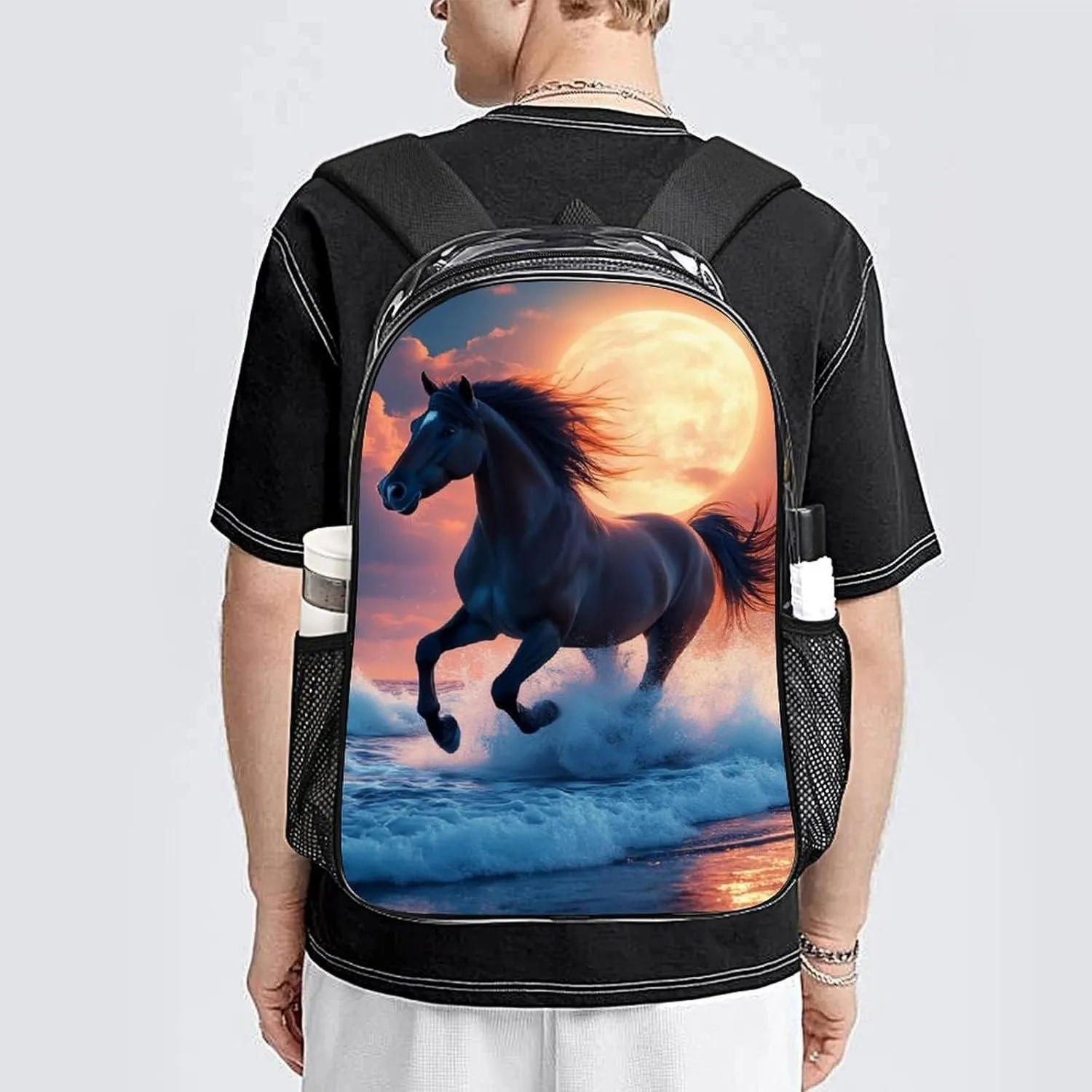 Sea Running Wild Horse Art Backpack Lightweight Anti-Theft Multipurpose Shoulder Bag Large Capacity Travel Hiking Backpack Transparent Bag