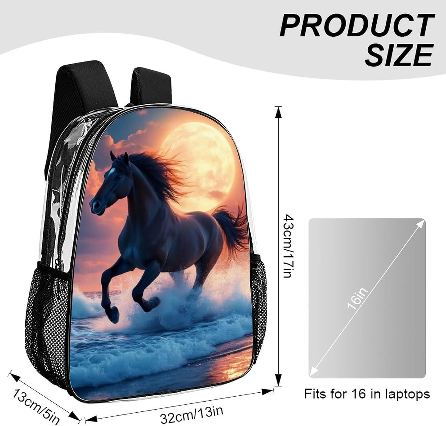 Sea Running Wild Horse Art Backpack Lightweight Anti-Theft Multipurpose Shoulder Bag Large Capacity Travel Hiking Backpack Transparent Bag