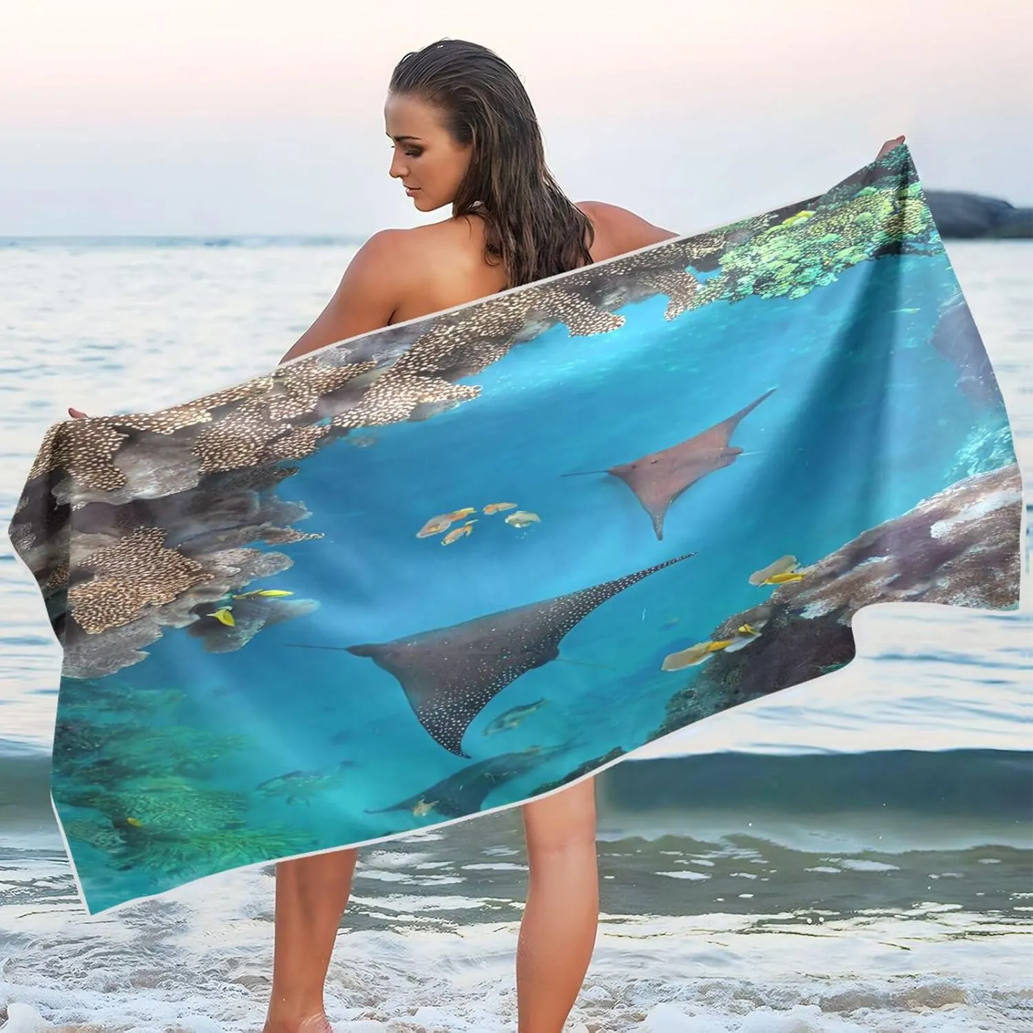 Sea Stingray Beach Towel - Lightweight Compact Oversized Travel Towels - Super Absorbent Quick Dry Towel for Swimming Camping Holiday