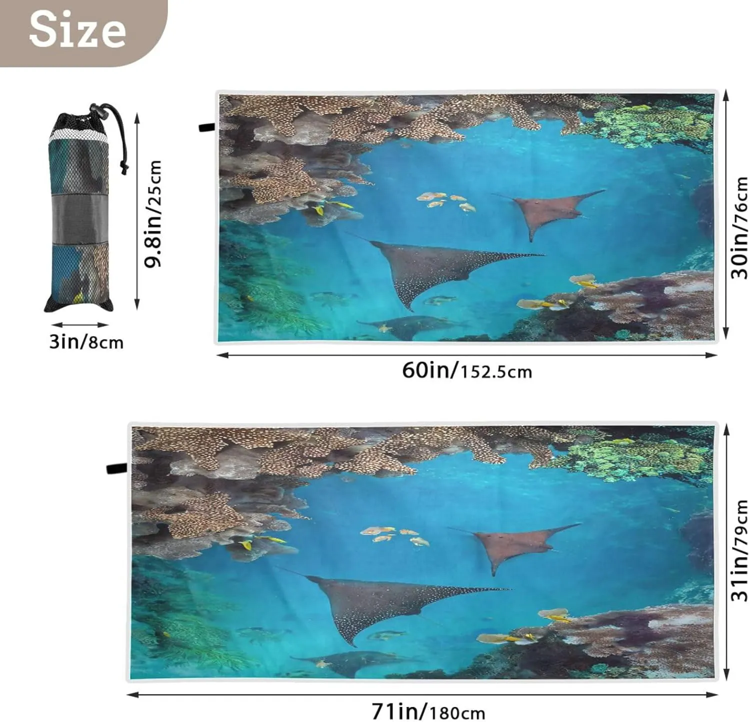 Sea Stingray Beach Towel - Lightweight Compact Oversized Travel Towels - Super Absorbent Quick Dry Towel for Swimming Camping Holiday