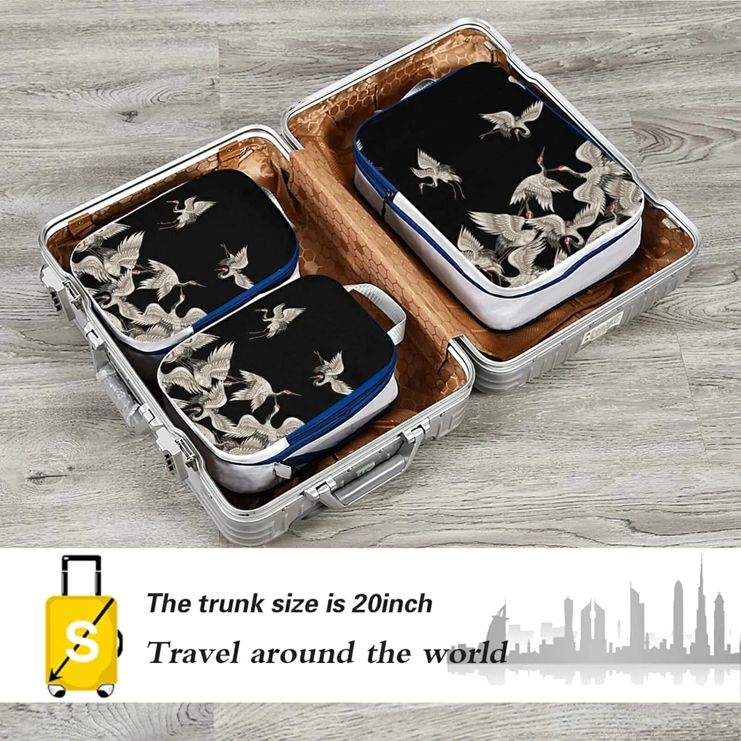 Seamless Japanese White Cranes Flying on Black Dark 3 Piece set Cubes Expandable Adjustable Luggage Packing Bags, Ultralight Organizer Accessories Travel Suitcase Compressible Bags