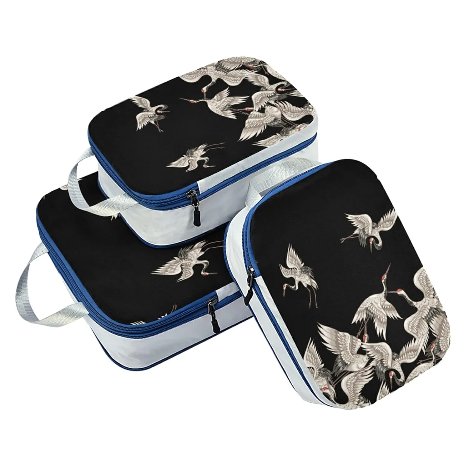 Seamless Japanese White Cranes Flying on Black Dark 3 Piece set Cubes Expandable Adjustable Luggage Packing Bags, Ultralight Organizer Accessories Travel Suitcase Compressible Bags