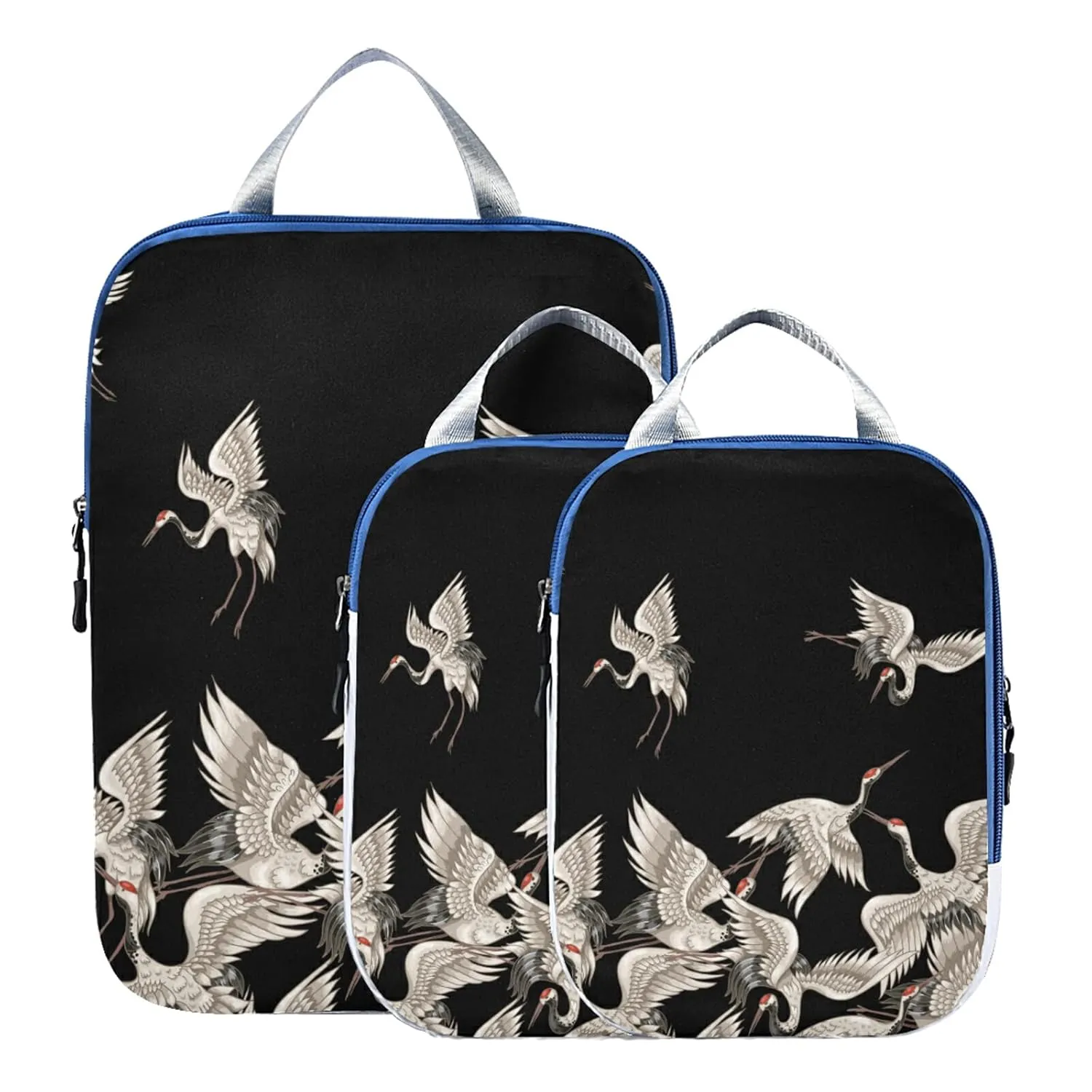 Seamless Japanese White Cranes Flying on Black Dark 3 Piece set Cubes Expandable Adjustable Luggage Packing Bags, Ultralight Organizer Accessories Travel Suitcase Compressible Bags