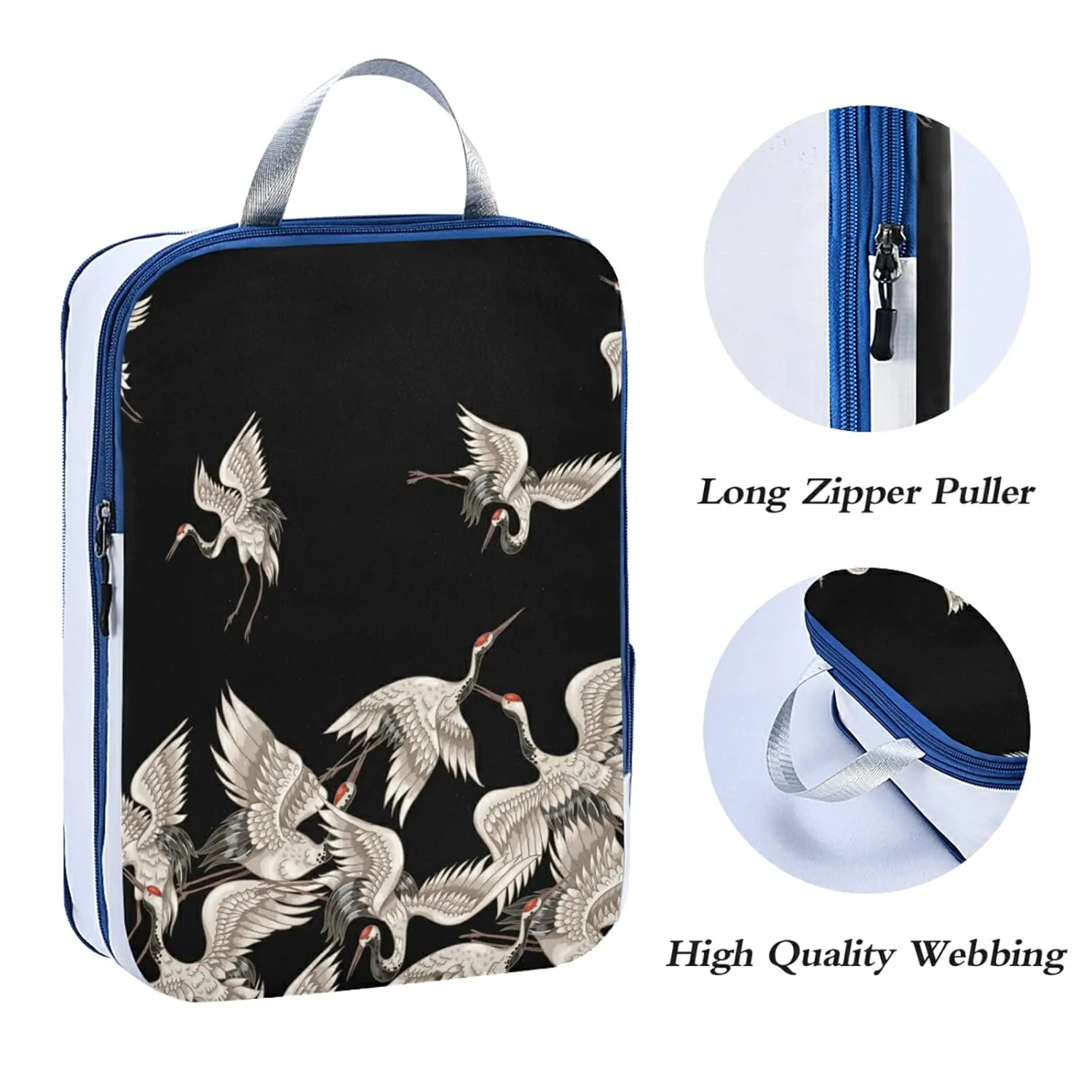 Seamless Japanese White Cranes Flying on Black Dark 3 Piece set Cubes Expandable Adjustable Luggage Packing Bags, Ultralight Organizer Accessories Travel Suitcase Compressible Bags