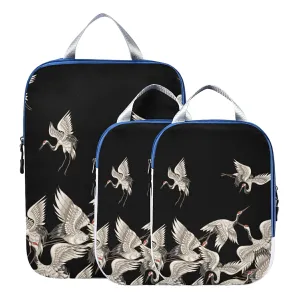 Seamless Japanese White Cranes Flying on Black Dark 3 Piece set Cubes Expandable Adjustable Luggage Packing Bags, Ultralight Organizer Accessories Travel Suitcase Compressible Bags