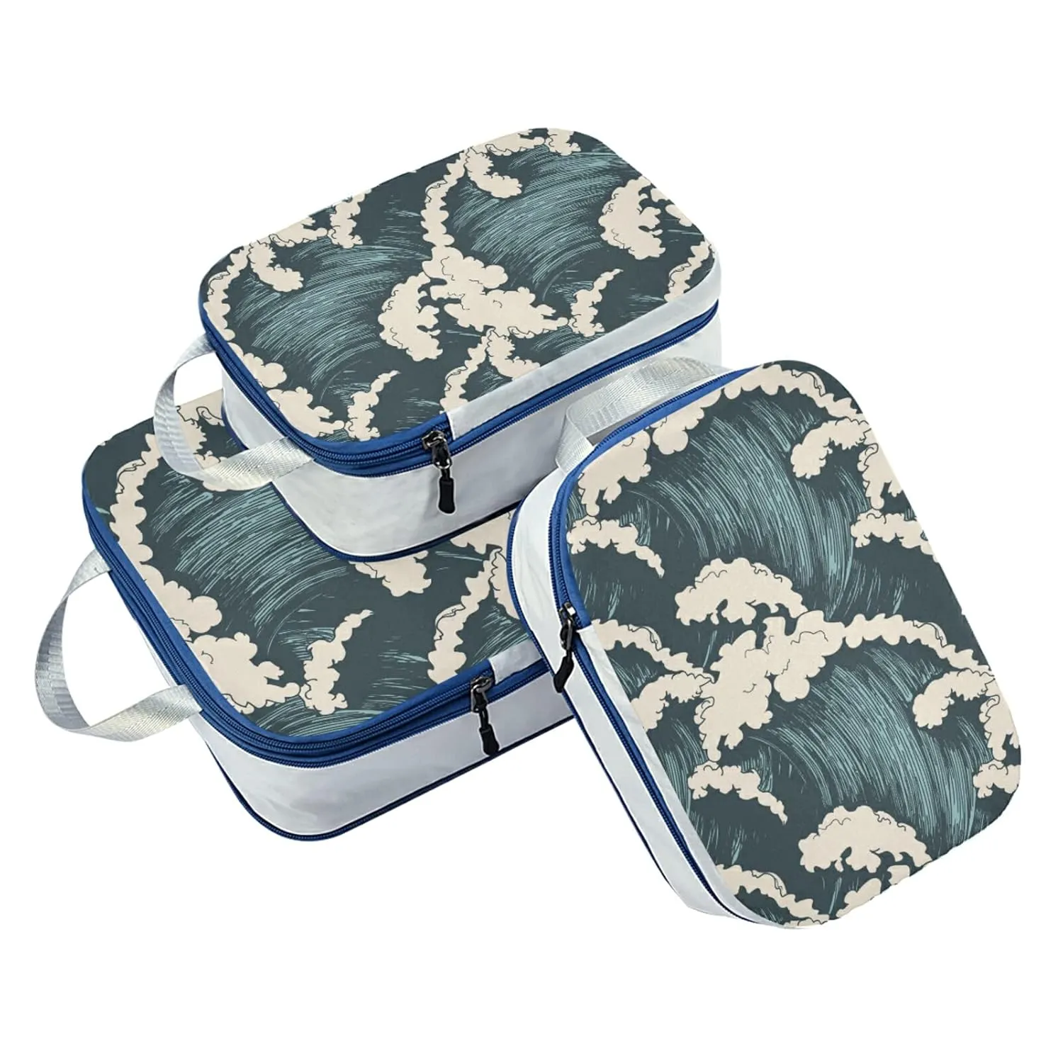 Seamless Sea Waves Ocean Waves Blue Storm Surfing Water 3 Piece set Cubes Expandable Adjustable Luggage Packing Bags, Ultralight Organizer Accessories Travel Suitcase Compressible Bags
