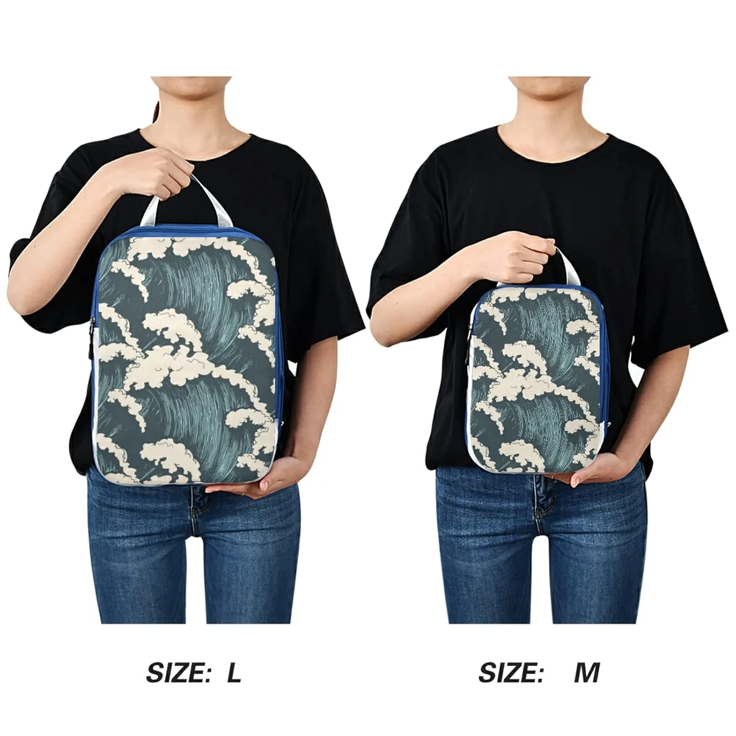 Seamless Sea Waves Ocean Waves Blue Storm Surfing Water 3 Piece set Cubes Expandable Adjustable Luggage Packing Bags, Ultralight Organizer Accessories Travel Suitcase Compressible Bags