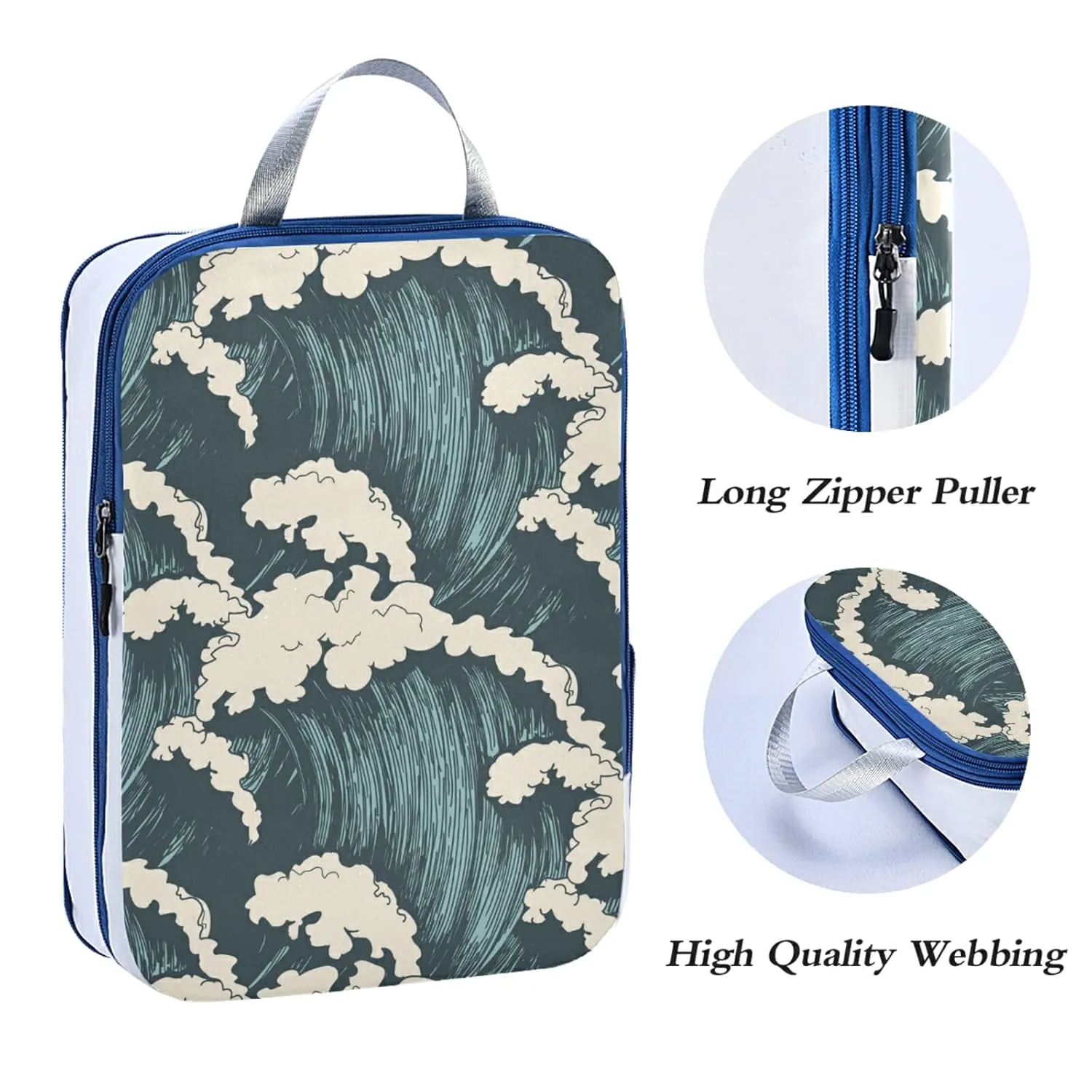 Seamless Sea Waves Ocean Waves Blue Storm Surfing Water 3 Piece set Cubes Expandable Adjustable Luggage Packing Bags, Ultralight Organizer Accessories Travel Suitcase Compressible Bags