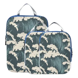 Seamless Sea Waves Ocean Waves Blue Storm Surfing Water 3 Piece set Cubes Expandable Adjustable Luggage Packing Bags, Ultralight Organizer Accessories Travel Suitcase Compressible Bags