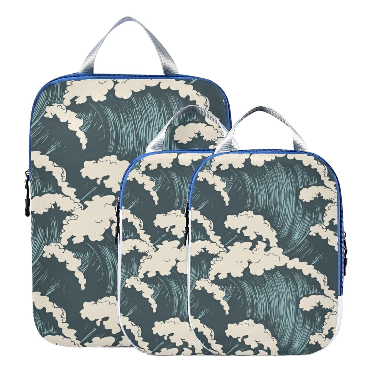 Seamless Sea Waves Ocean Waves Blue Storm Surfing Water 3 Piece set Cubes Expandable Adjustable Luggage Packing Bags, Ultralight Organizer Accessories Travel Suitcase Compressible Bags