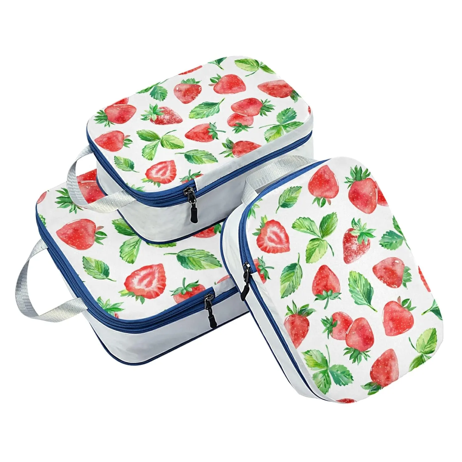 Seamless Watercolor Red Strawberries Berry with Green Leaves on White 3 Piece set Cubes Expandable Adjustable Luggage Packing Bags, Ultralight Organizer Accessories Travel Suitcase Compressible Bags