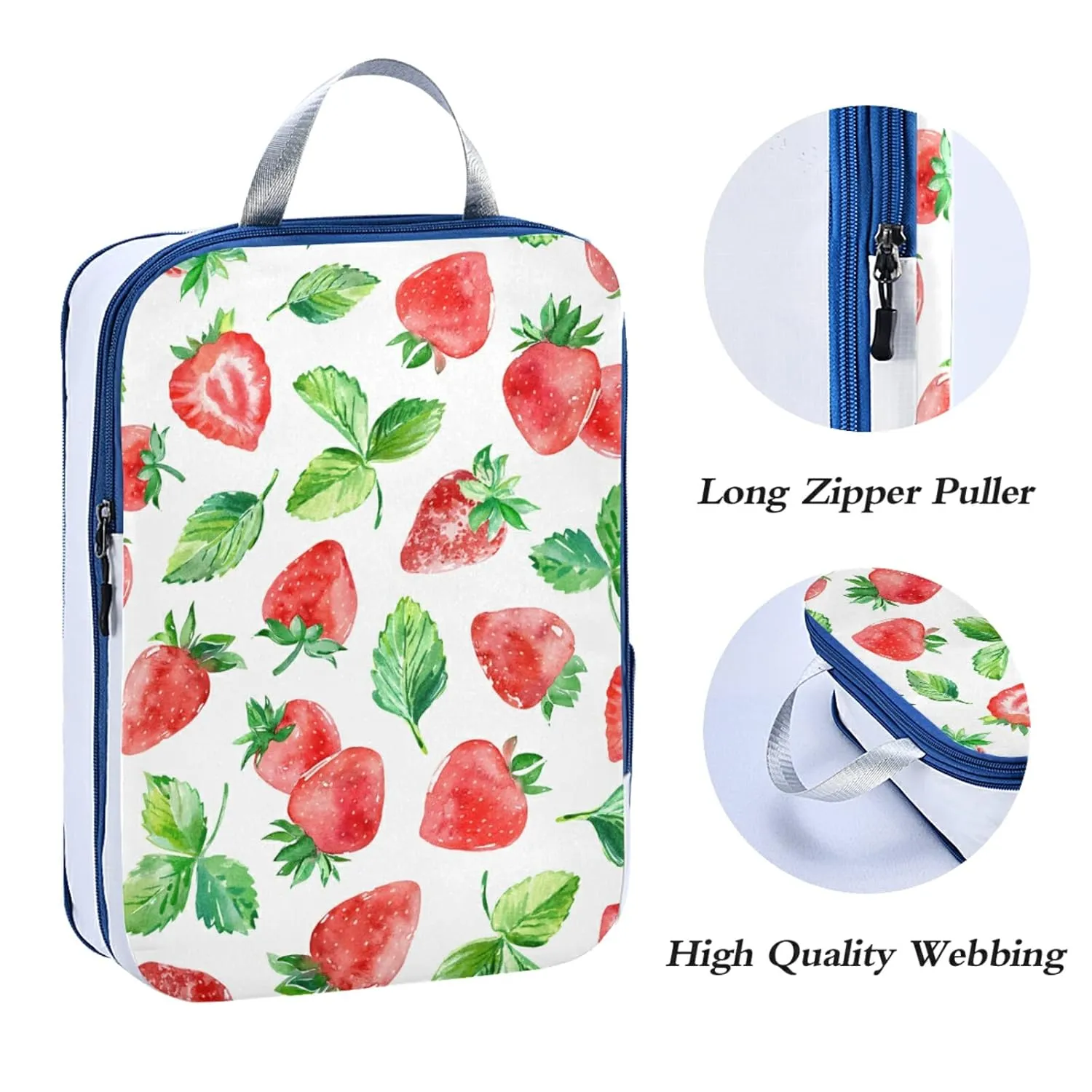 Seamless Watercolor Red Strawberries Berry with Green Leaves on White 3 Piece set Cubes Expandable Adjustable Luggage Packing Bags, Ultralight Organizer Accessories Travel Suitcase Compressible Bags