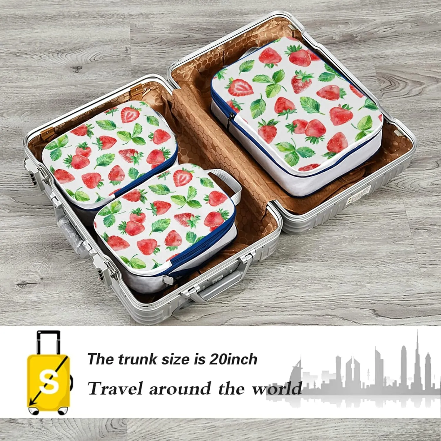 Seamless Watercolor Red Strawberries Berry with Green Leaves on White 3 Piece set Cubes Expandable Adjustable Luggage Packing Bags, Ultralight Organizer Accessories Travel Suitcase Compressible Bags